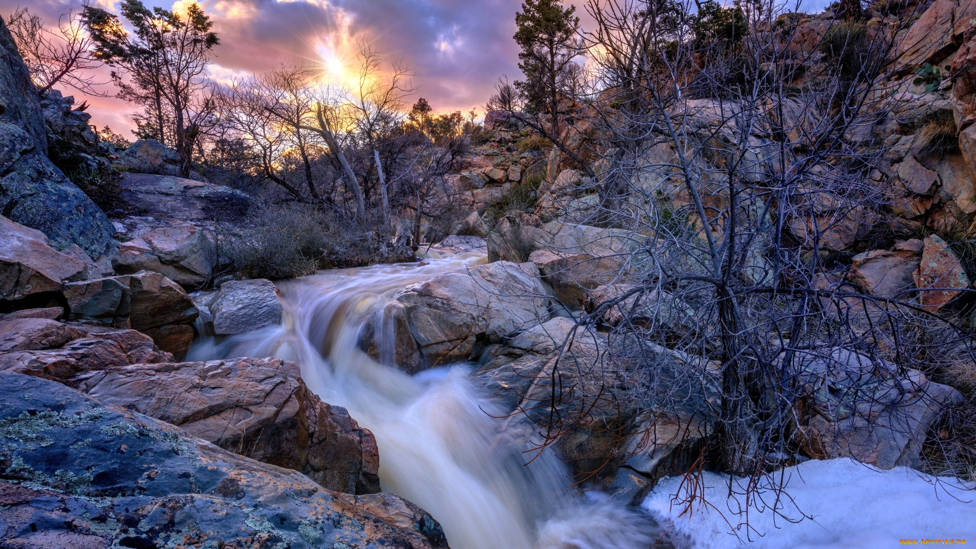 природа, реки, озера, деревья, скалы, камни, поток, река, облака