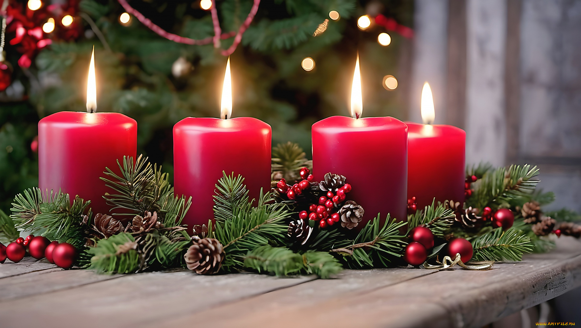 праздничные, новогодние, свечи, свечи, огоньки, шарики, ветки