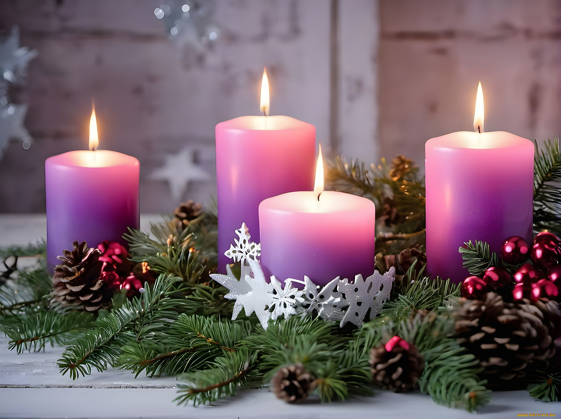 праздничные, новогодние, свечи, свечи, огоньки, шарики, ветки