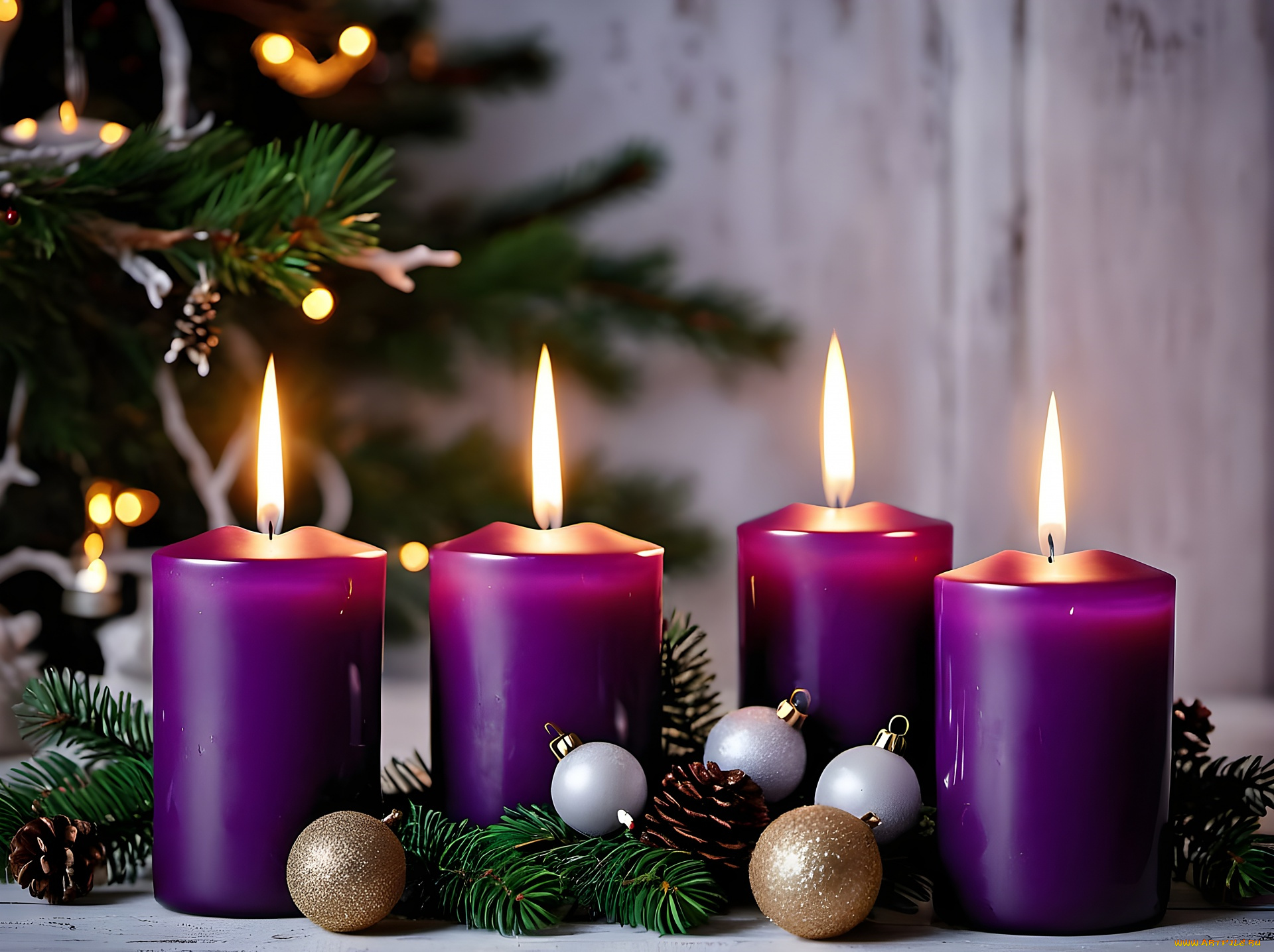 праздничные, новогодние, свечи, свечи, огоньки, шарики, ветки