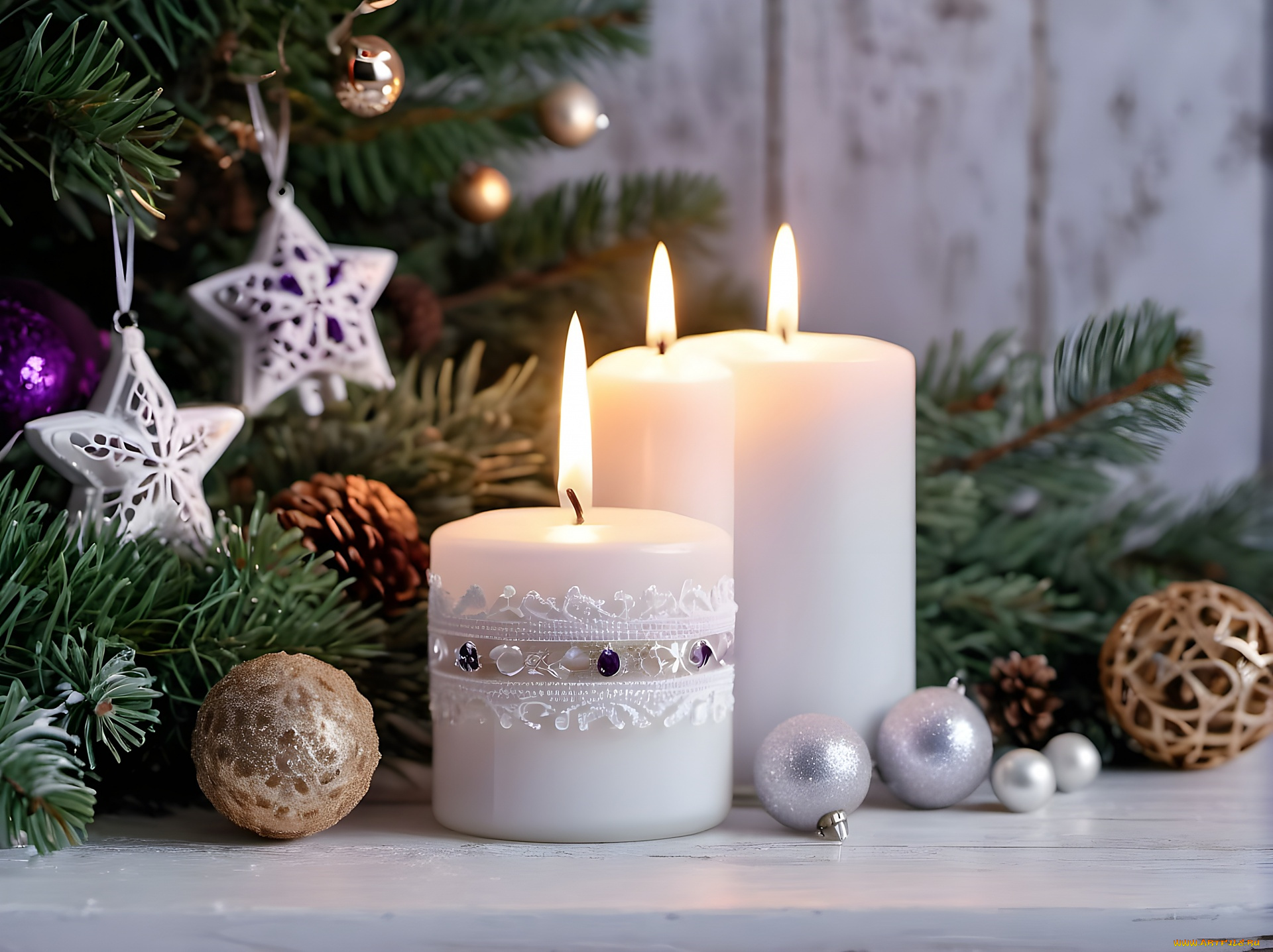 праздничные, новогодние, свечи, свечи, огоньки, шарики, ветки