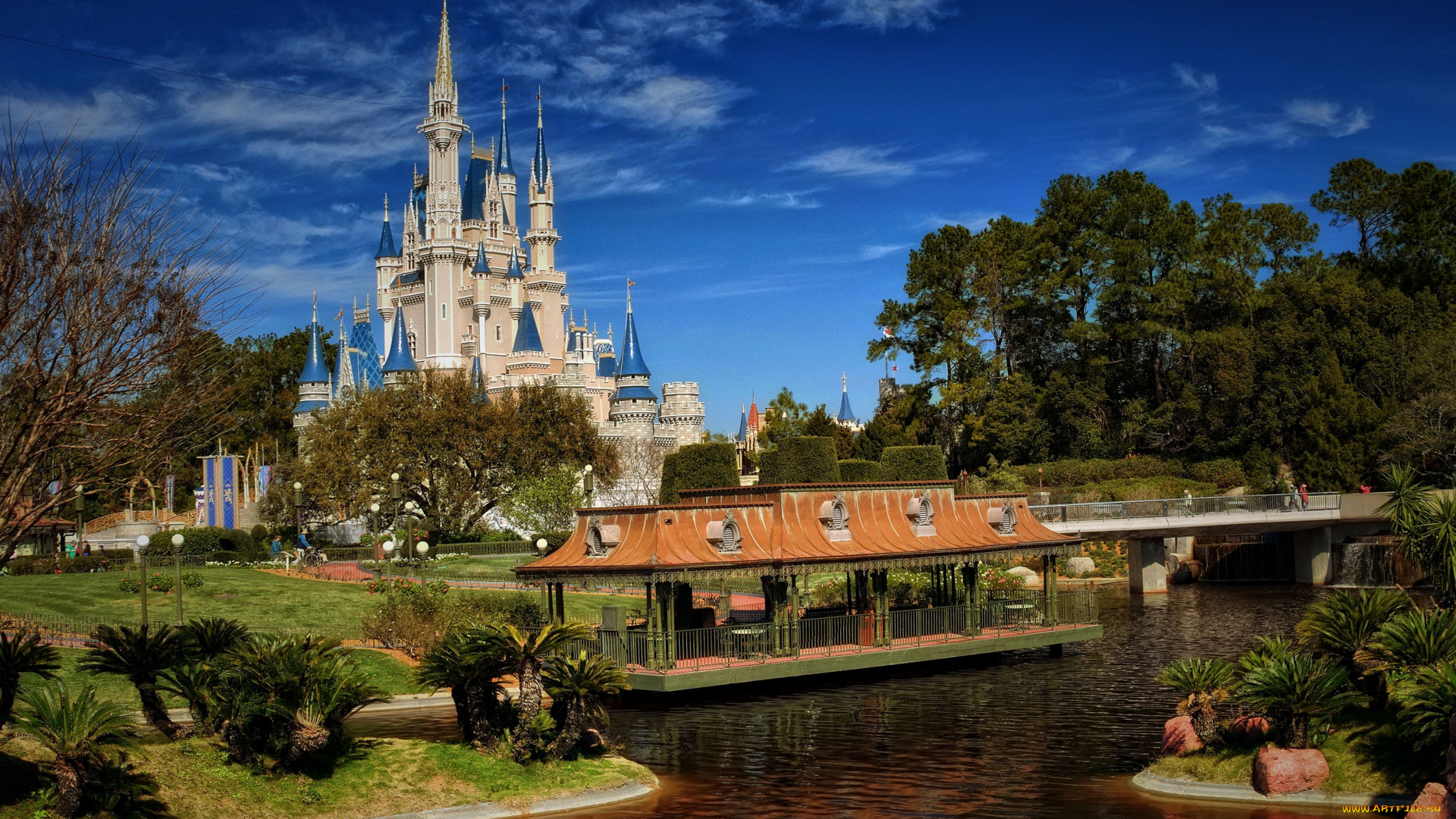 города, диснейленд, мостик, вода, речка