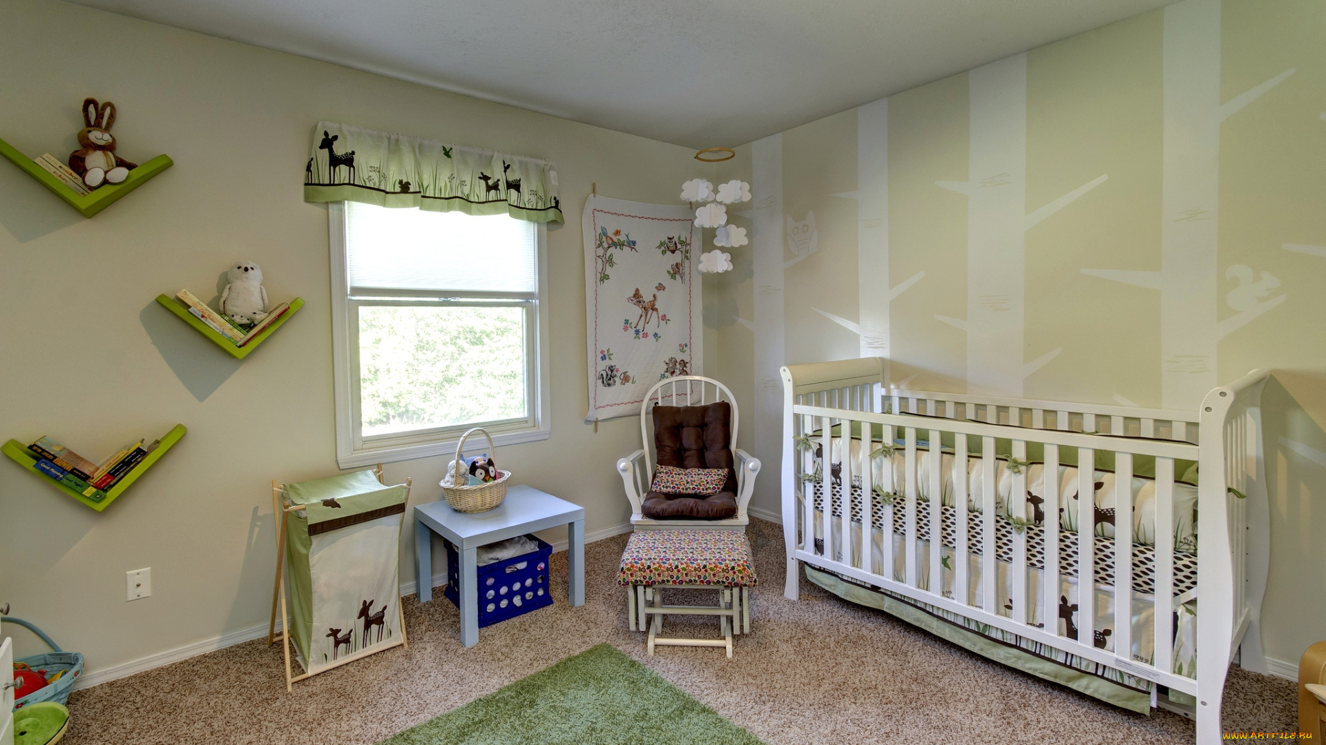 интерьер, детская, комната, полки, игрушки, дизайн, кроватка