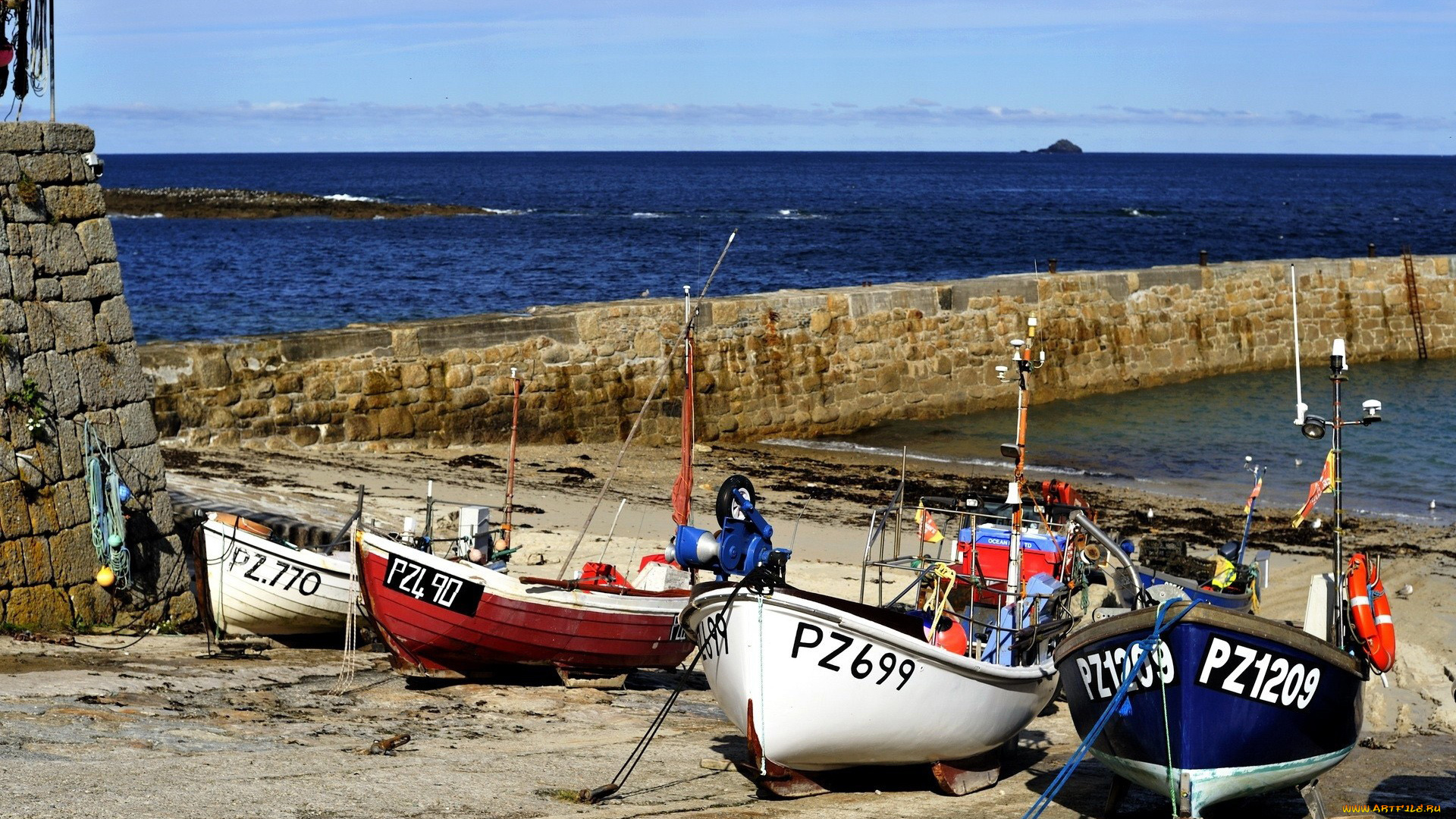 корабли, моторные, лодки, море, берег, спасательный, круг