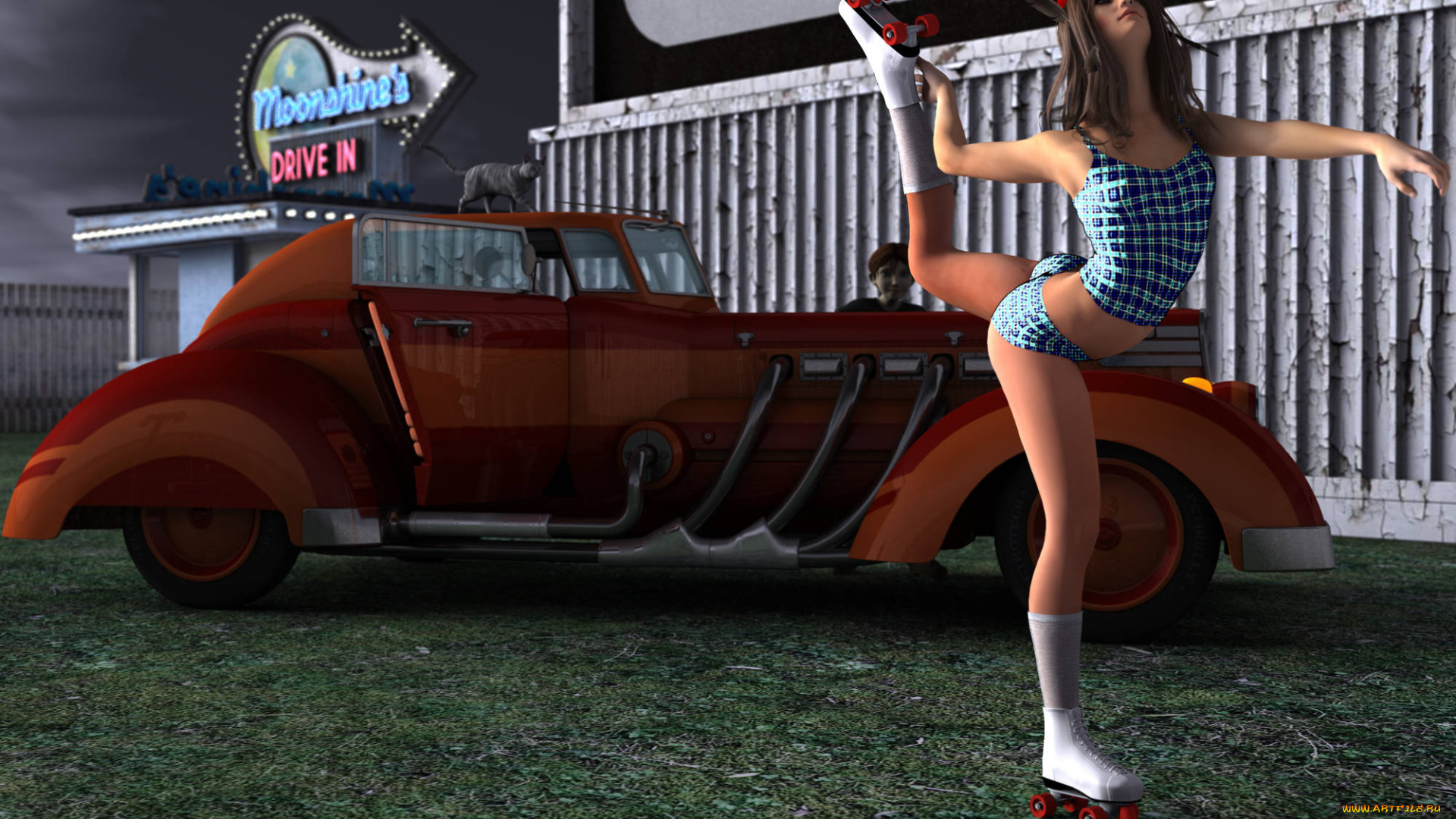 3д, графика, people, , люди, девушка, автомобиль, ролики