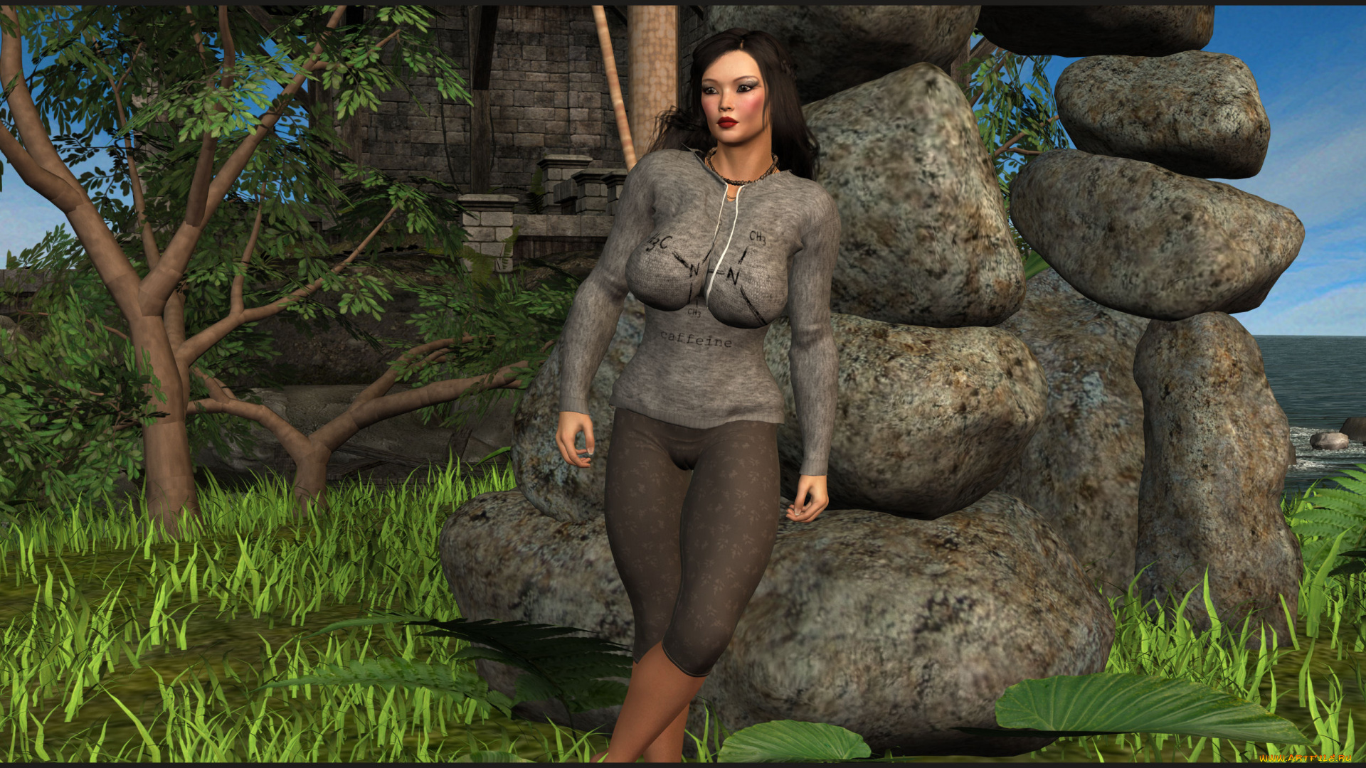 3д, графика, people, , люди, девушка, камни, трава