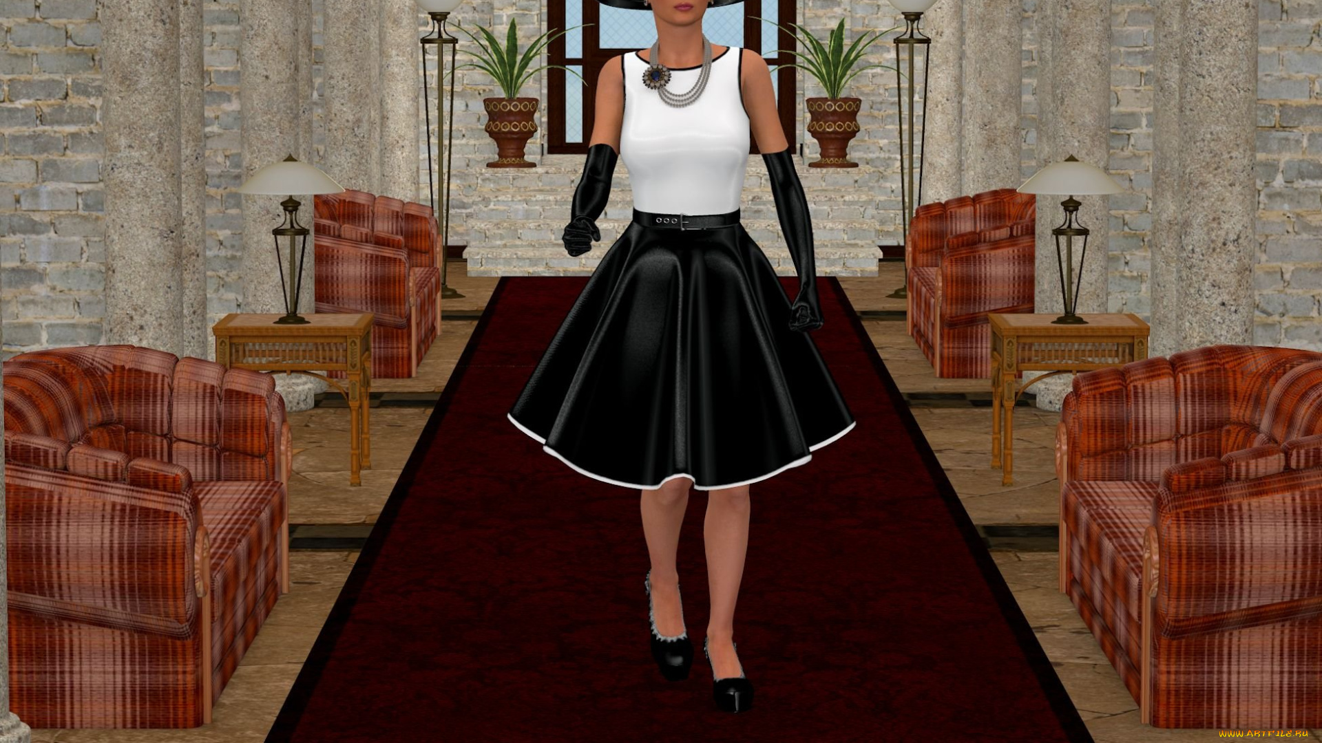 3д, графика, people, , люди, девушка, кресла, шляпа, комната