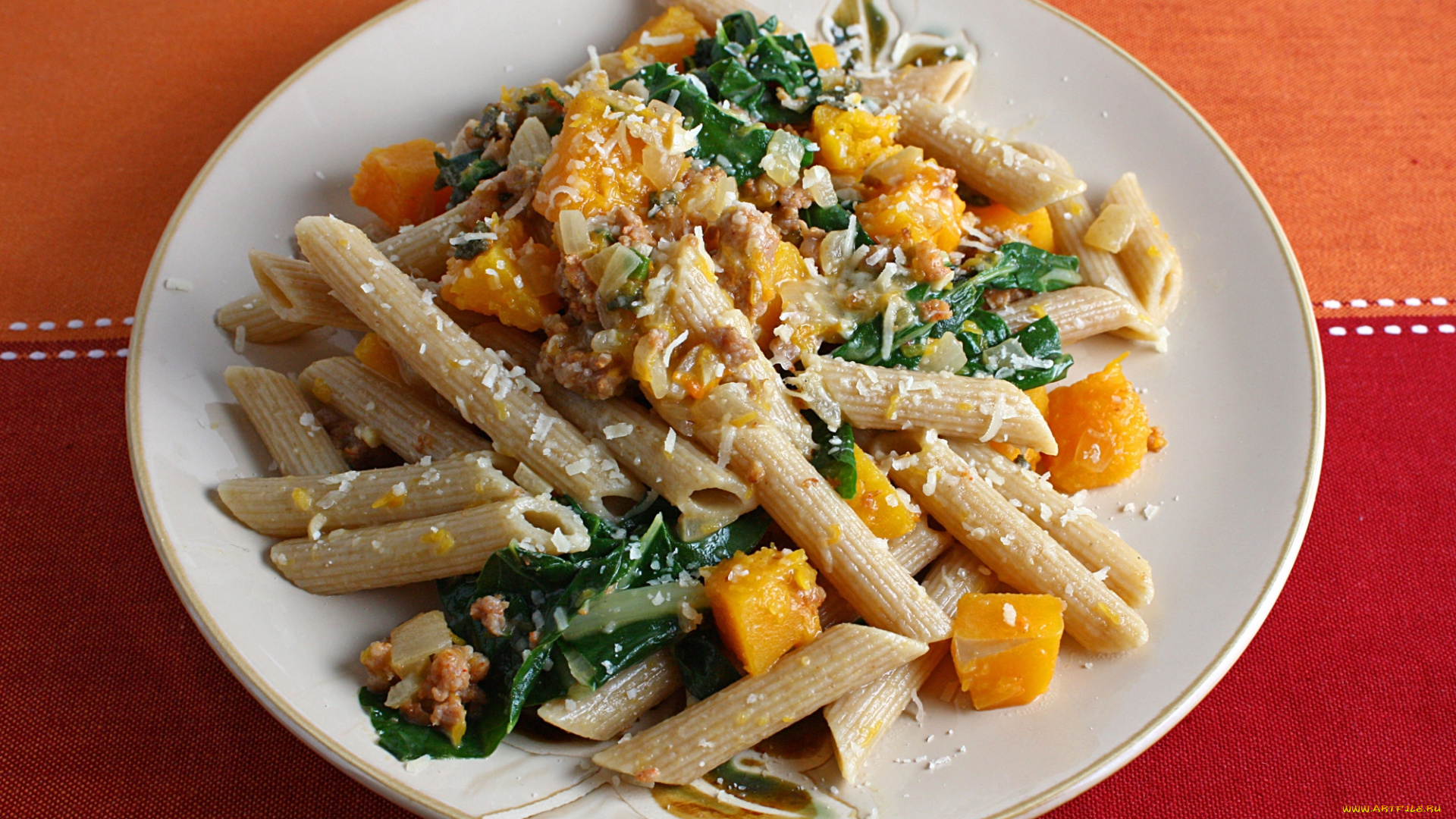 еда, макаронные, блюда, зелень, макароны, тыква
