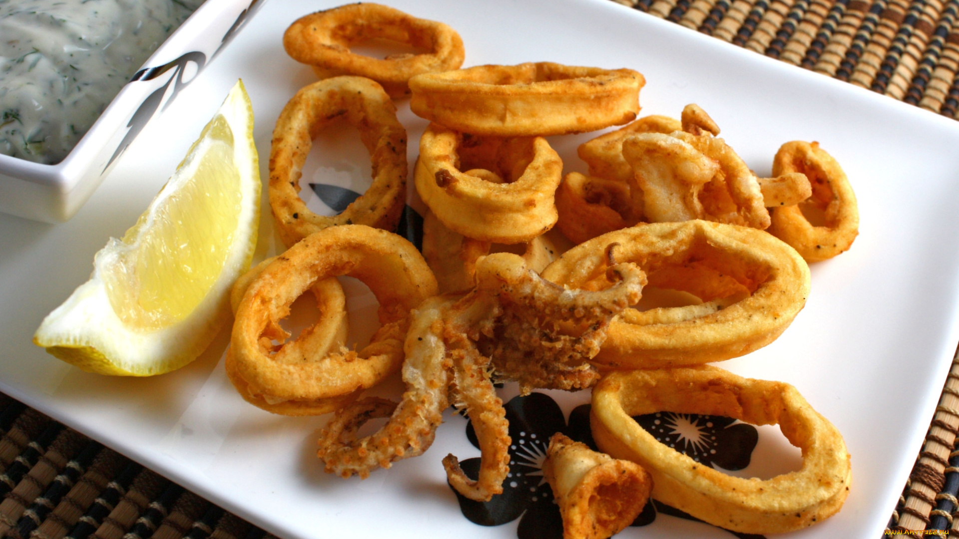 еда, рыбные, блюда, , с, морепродуктами, лимон, кальмар