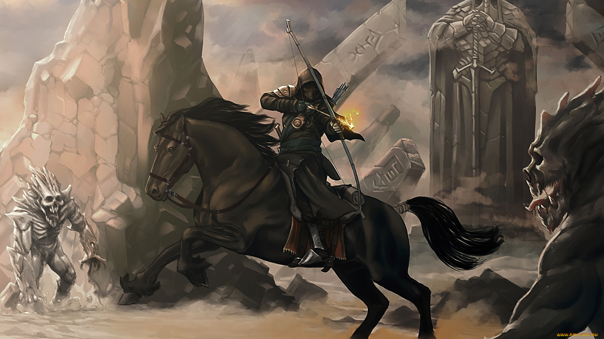 фэнтези, люди, воин, лошадь, всадник, сражение, руины, лучник, монстры
