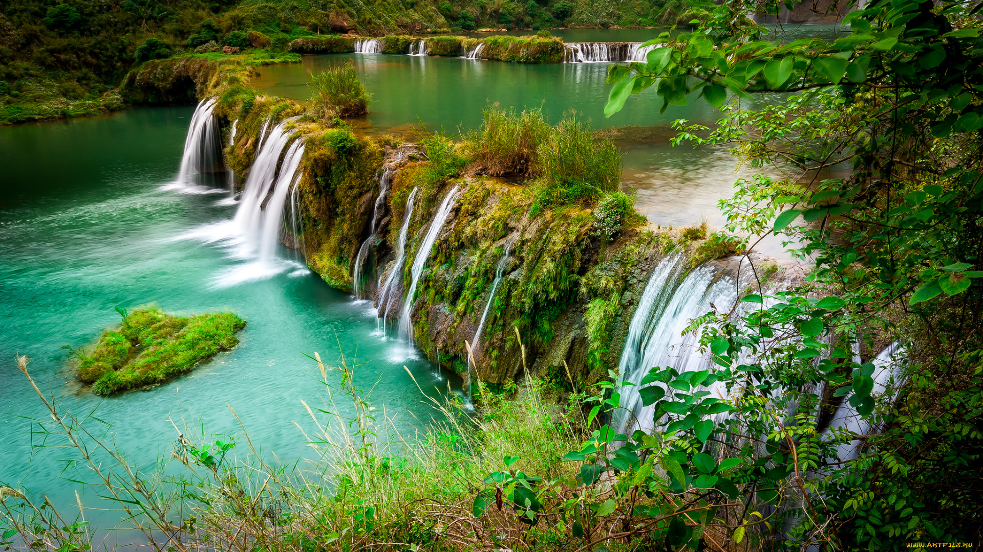 природа, водопады, лес, река, водопад, каскад