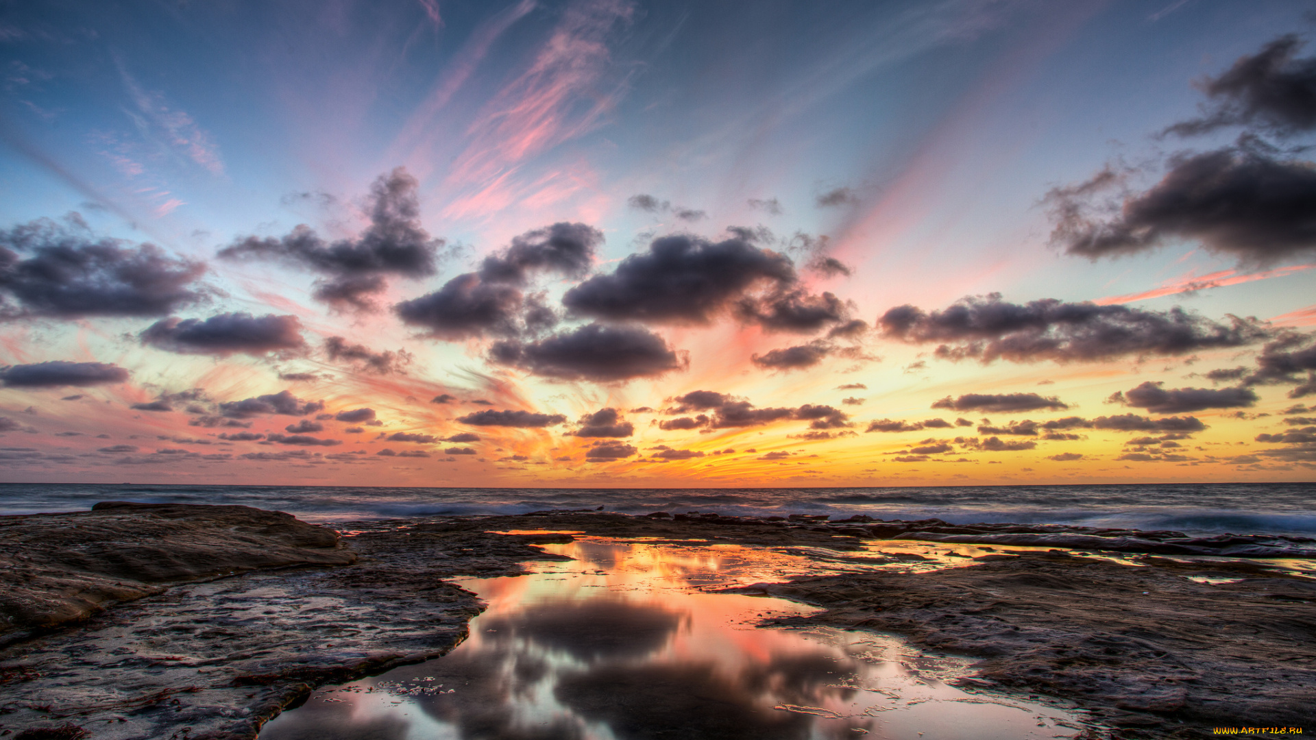 природа, восходы, закаты, океан, горизонт, тучи, заря