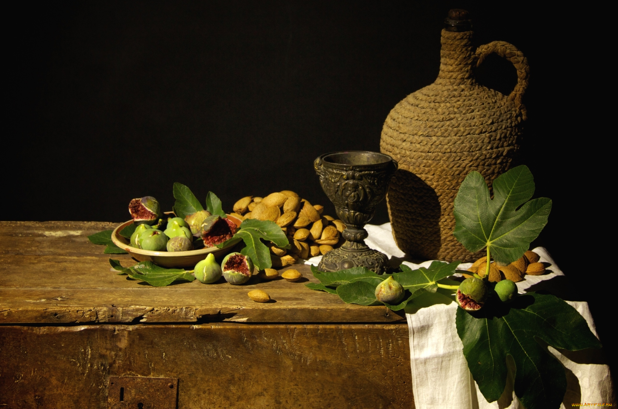 еда, натюрморт, кувшин, инжир, миндаль