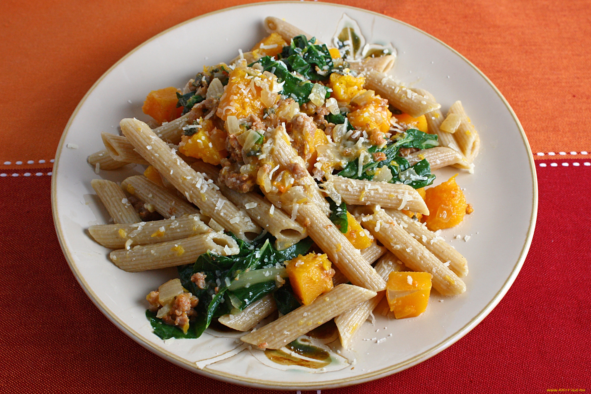 еда, макаронные, блюда, зелень, макароны, тыква