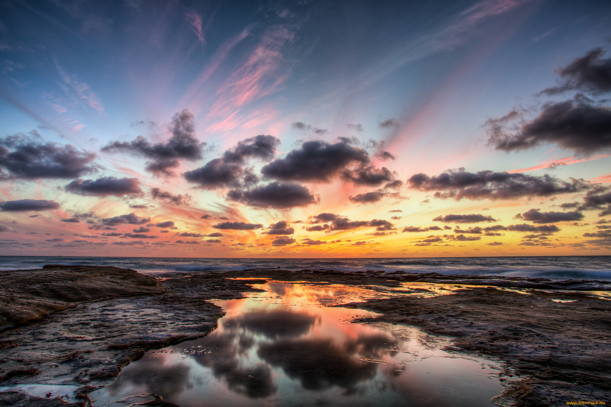природа, восходы, закаты, океан, горизонт, тучи, заря