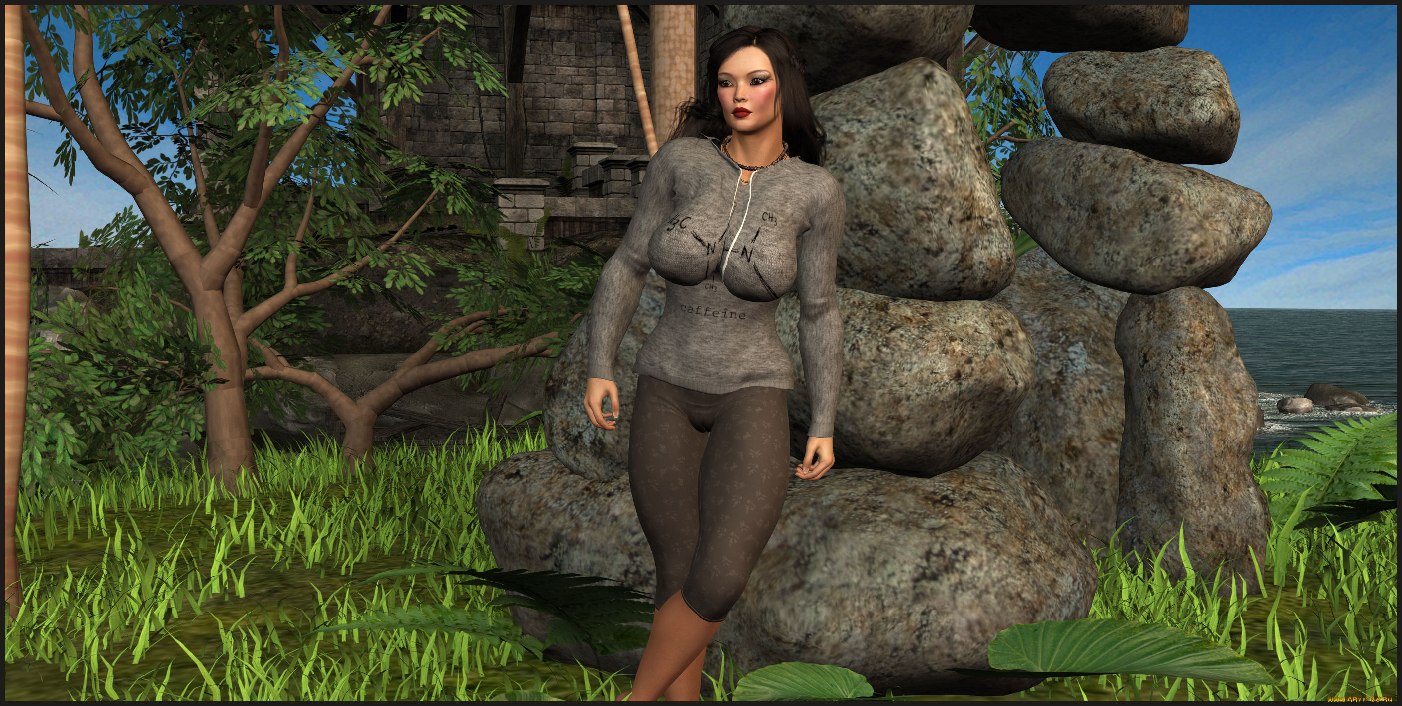 3д, графика, people, , люди, девушка, камни, трава