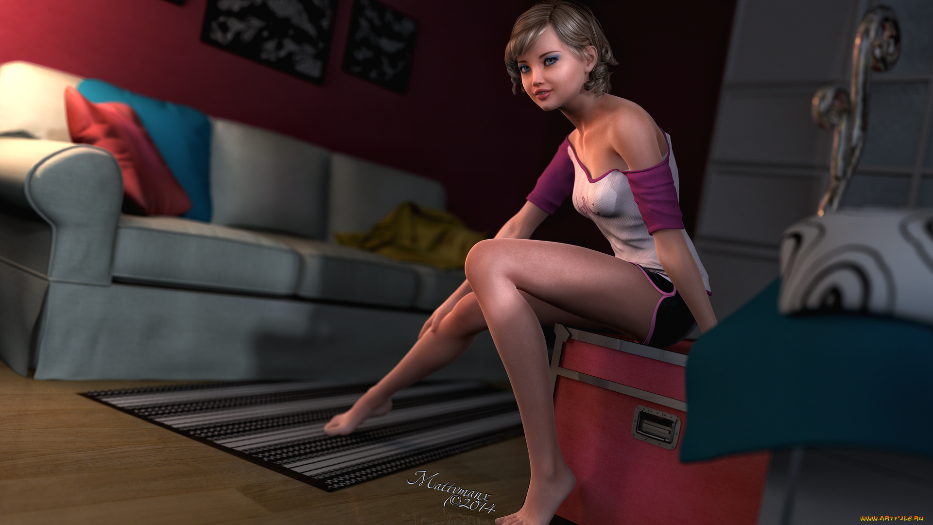 3д, графика, люди, , people, диван, улыбка, фон, взгляд, девушка