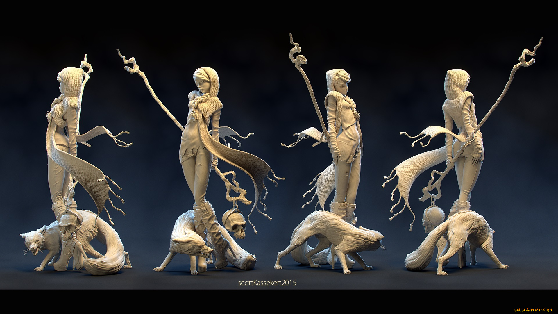 3д, графика, _science, fiction, девушка, взгляд, фон, посох, череп, лиса