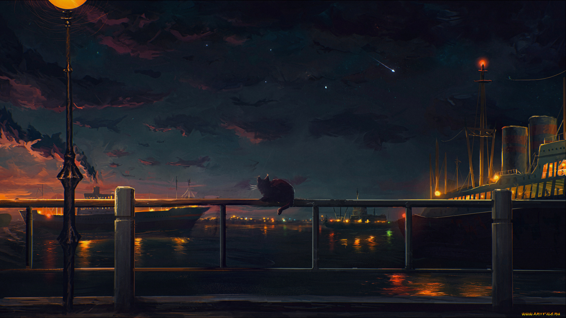 аниме, город, , улицы, , здания, звезды, небо, облака, закат, фонарь, ночь, бродячий, животное, кот, корабли, огни, корабль, пароход, sylar113, порт, вода