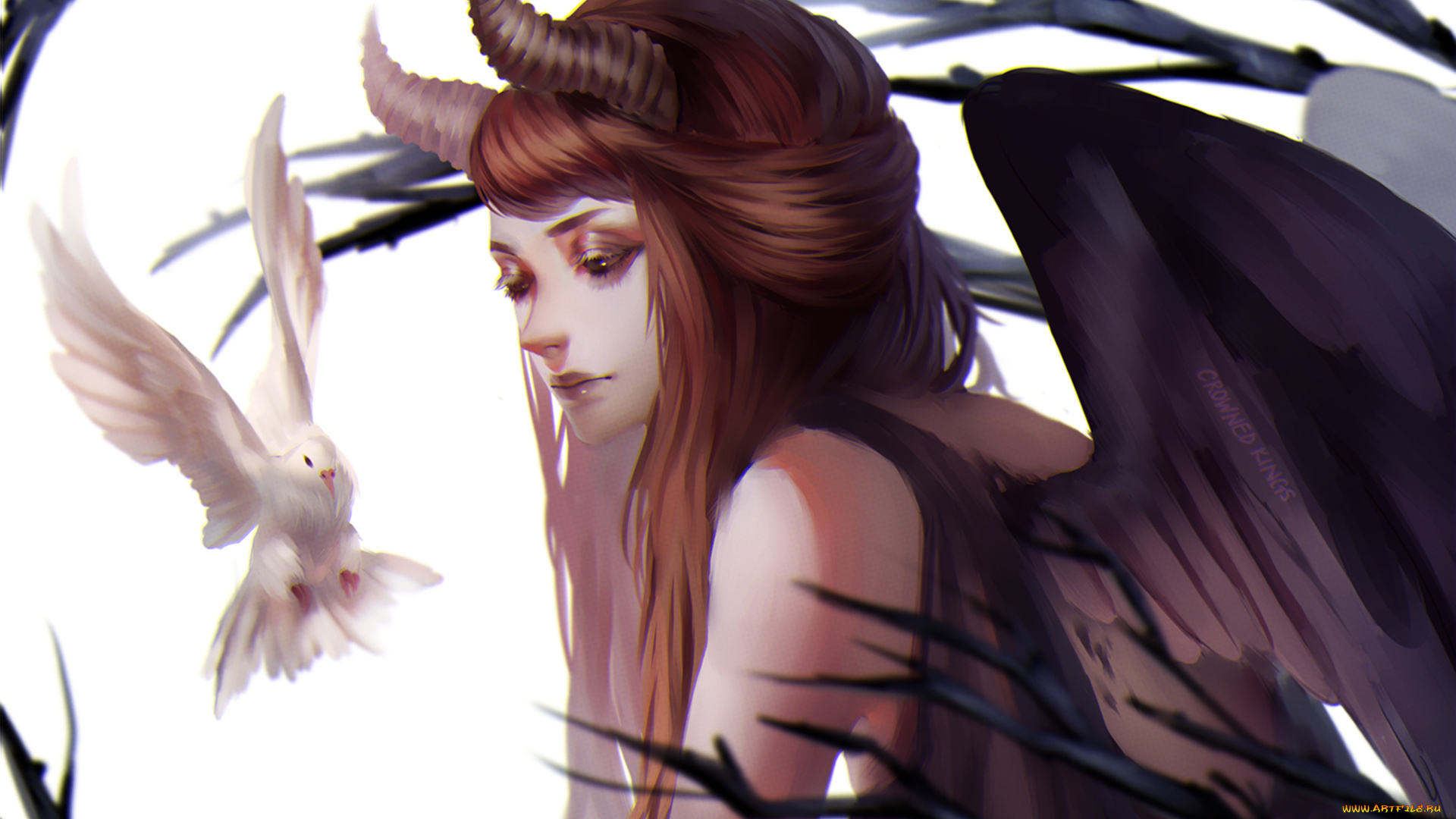 фэнтези, демоны, девушка, голубь, птица, крылья, рога