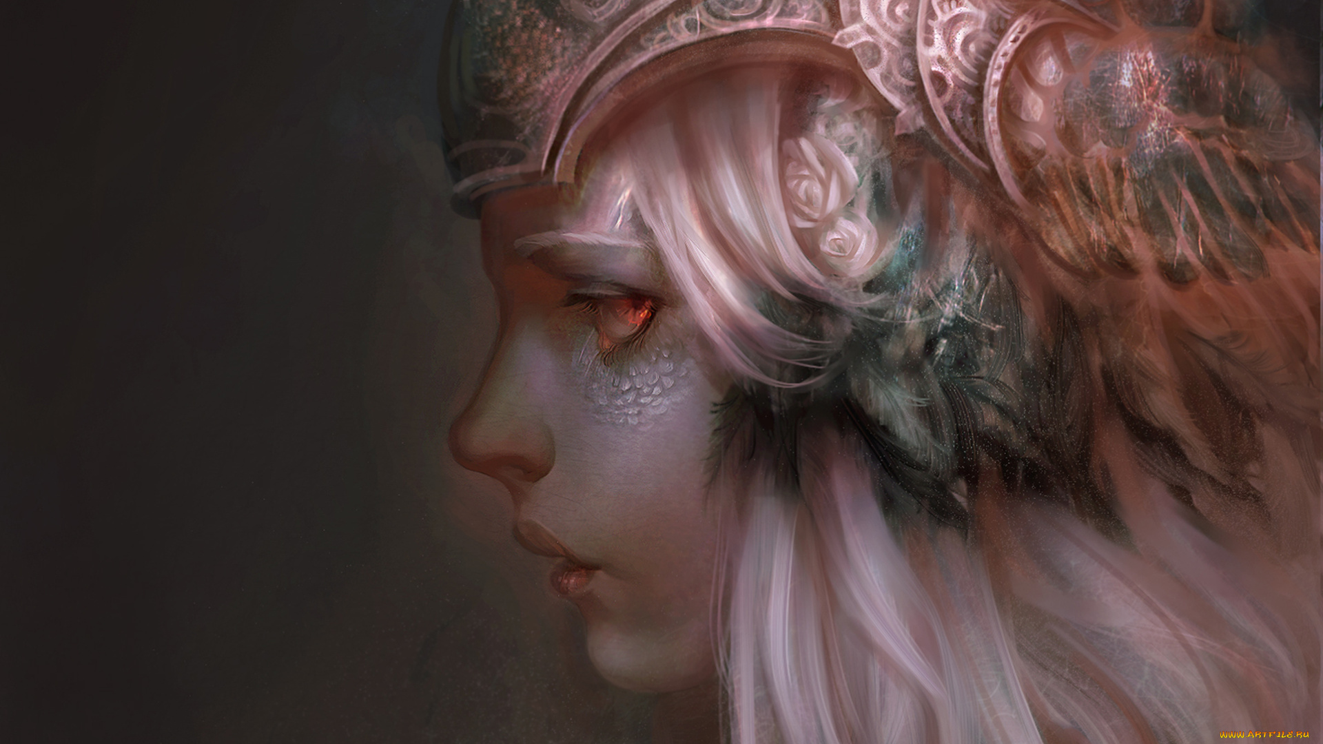 фэнтези, девушки, девушка, чешуя, перья, шлем