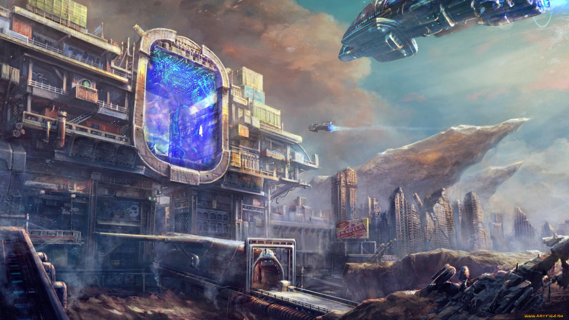 фэнтези, иные, миры, , иные, времена, город, скалы, корабли, арт, транспорт, будущее, портал, врата