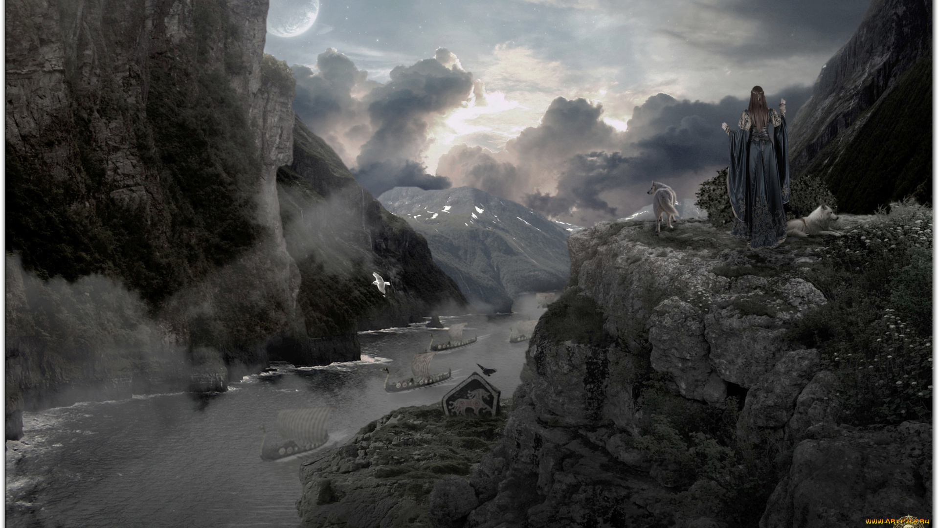 фэнтези, пейзажи, восход, фьорд