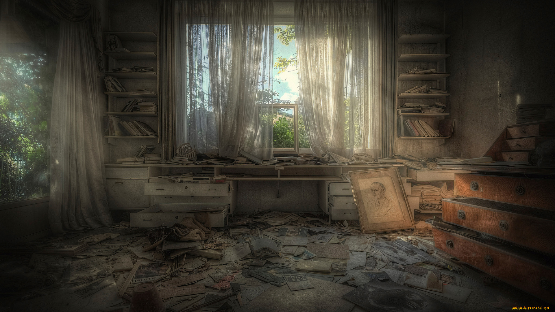 интерьер, -, другое, картина, полки, комната, книги