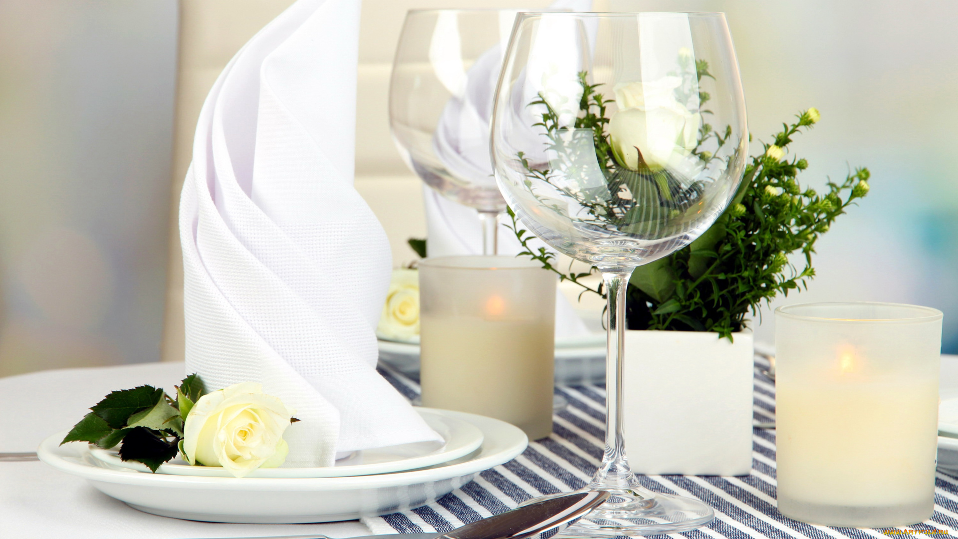 интерьер, декор, , отделка, , сервировка, роза, приборы, свечи, бокалы