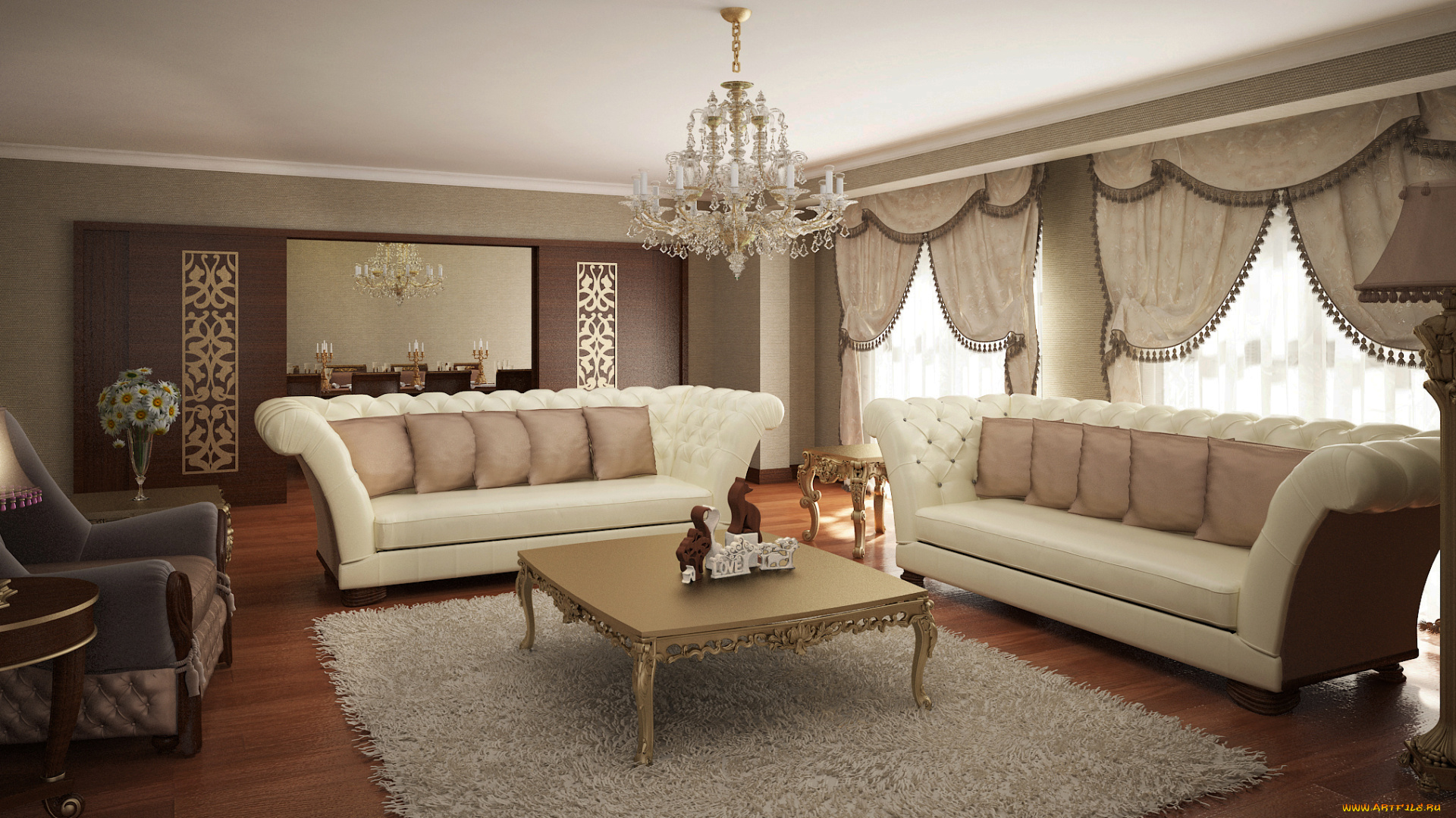 интерьер, гостиная, стол, диван, кресла, светильник