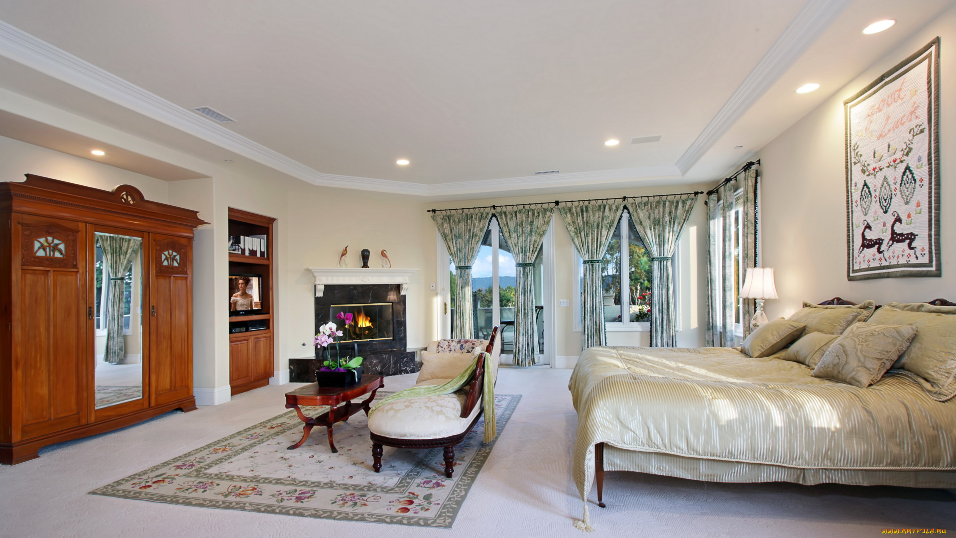 интерьер, спальня, кресло, кровать, ковер, дизайн