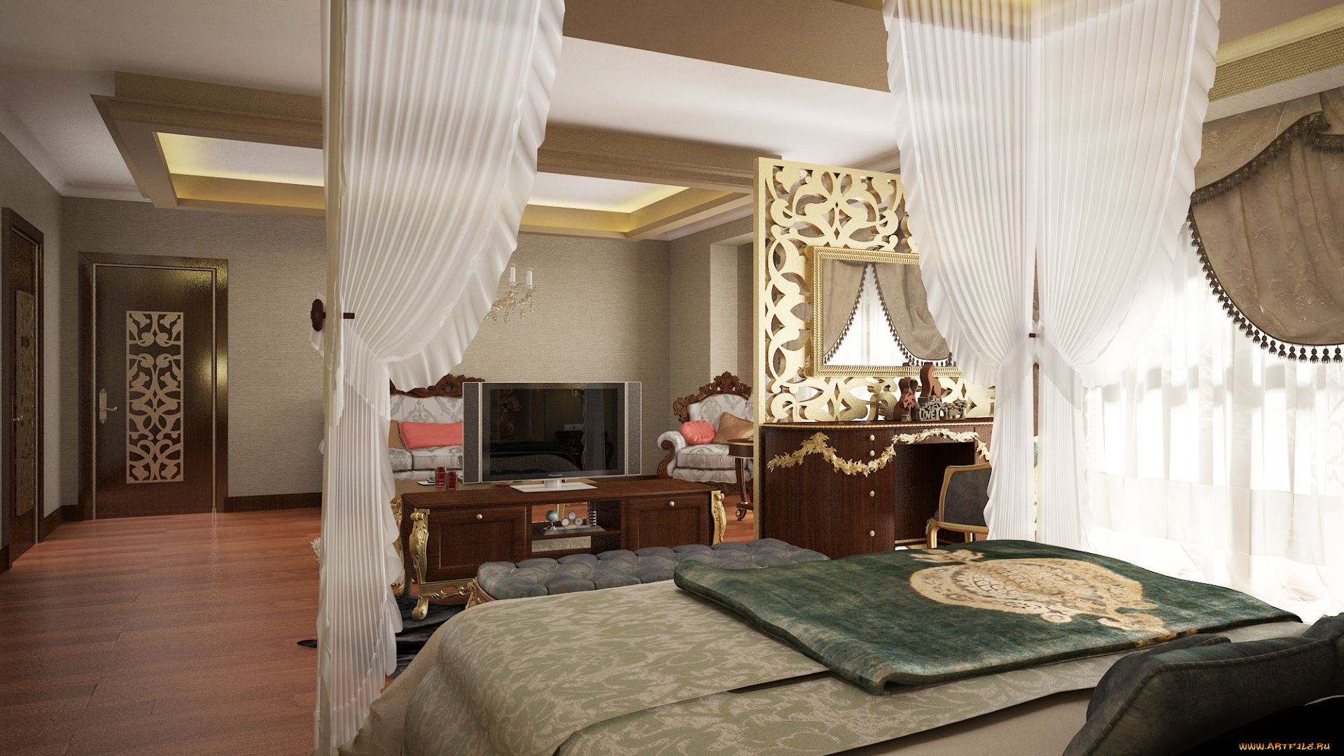 интерьер, спальня, тумбочка, кровать, зеркало