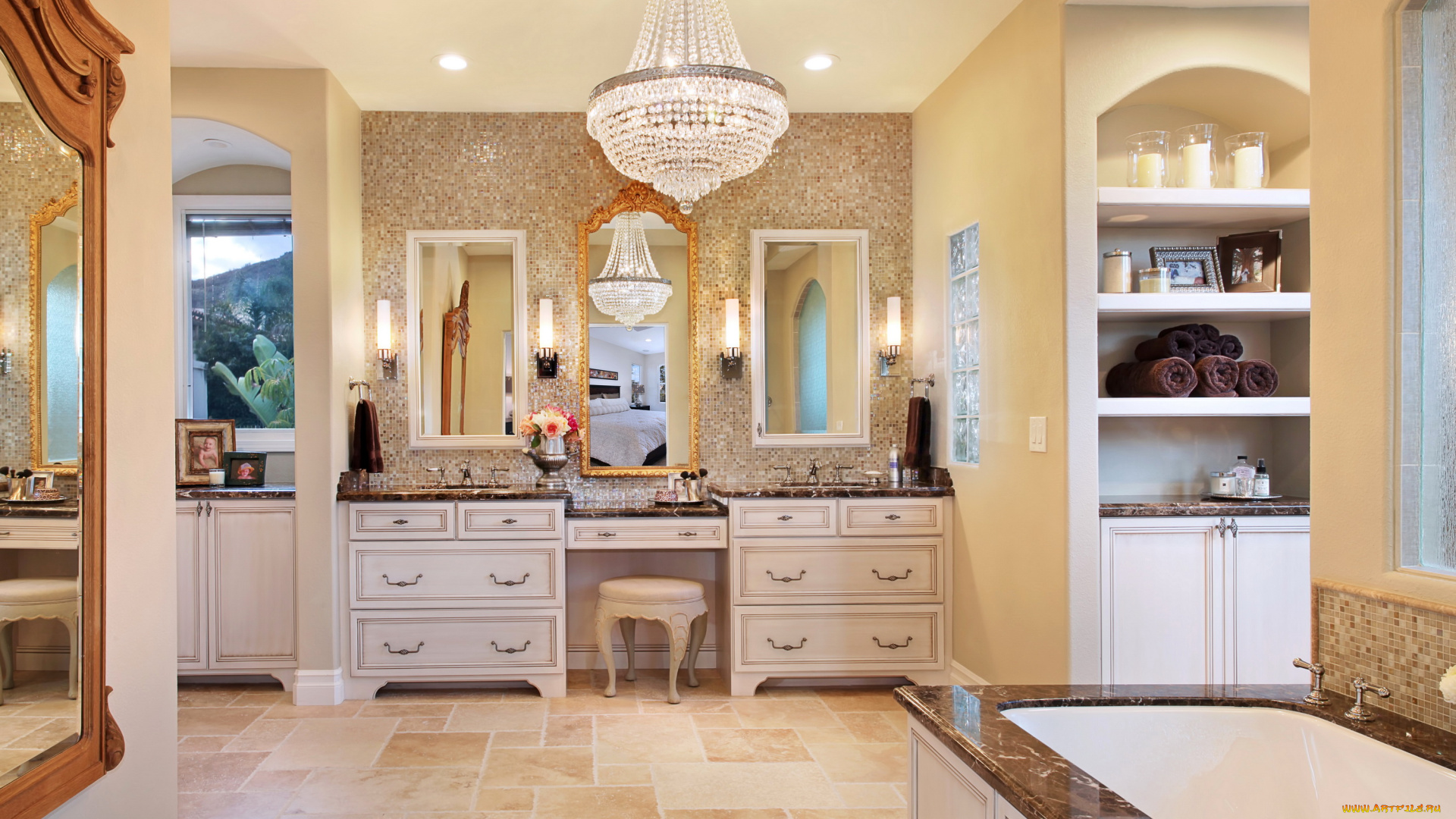 интерьер, ванная, и, туалетная, комнаты, дизайн, мебель, ванная, зеркало, люстра