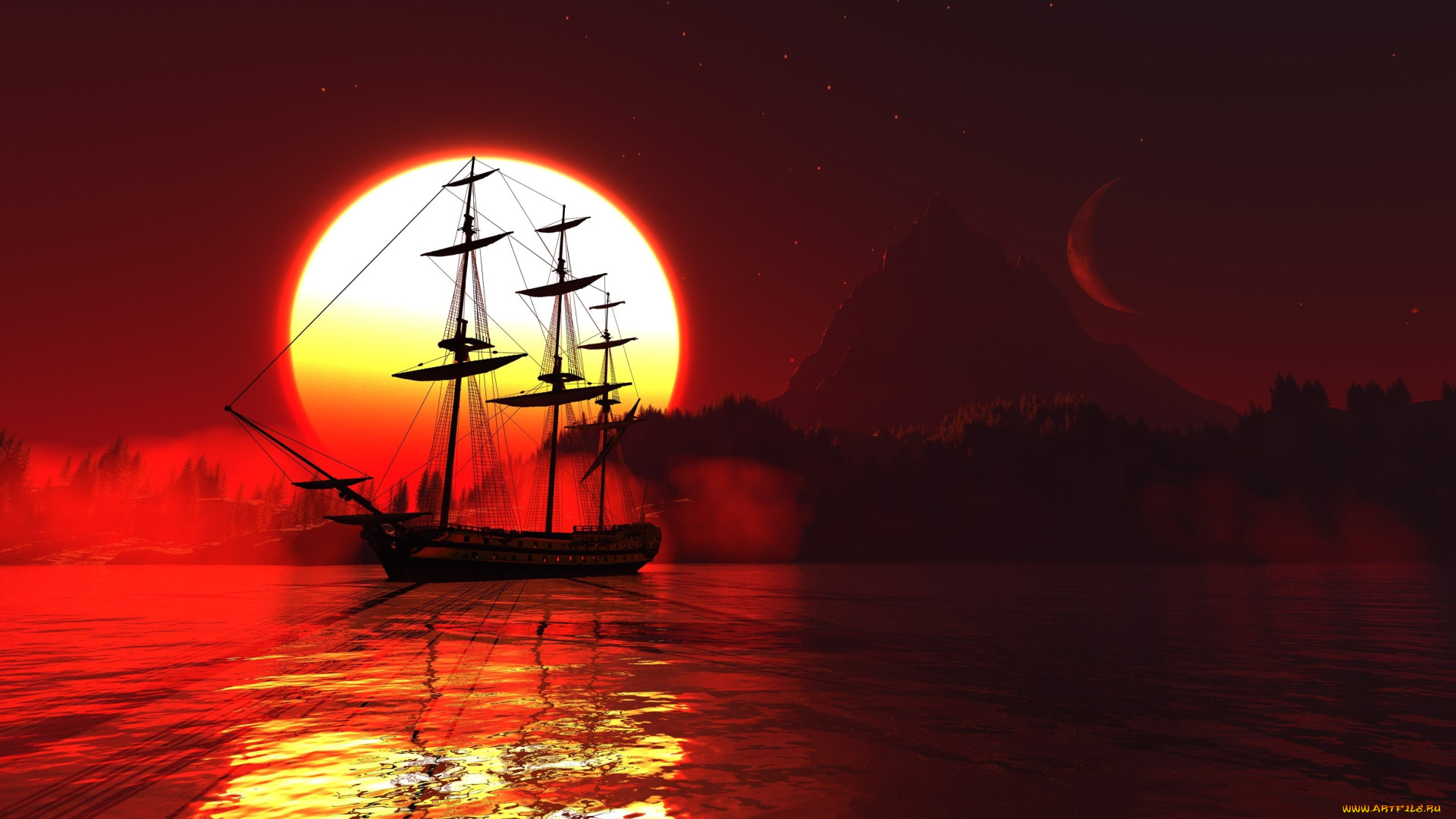 корабли, 3d, закат, море, парусник