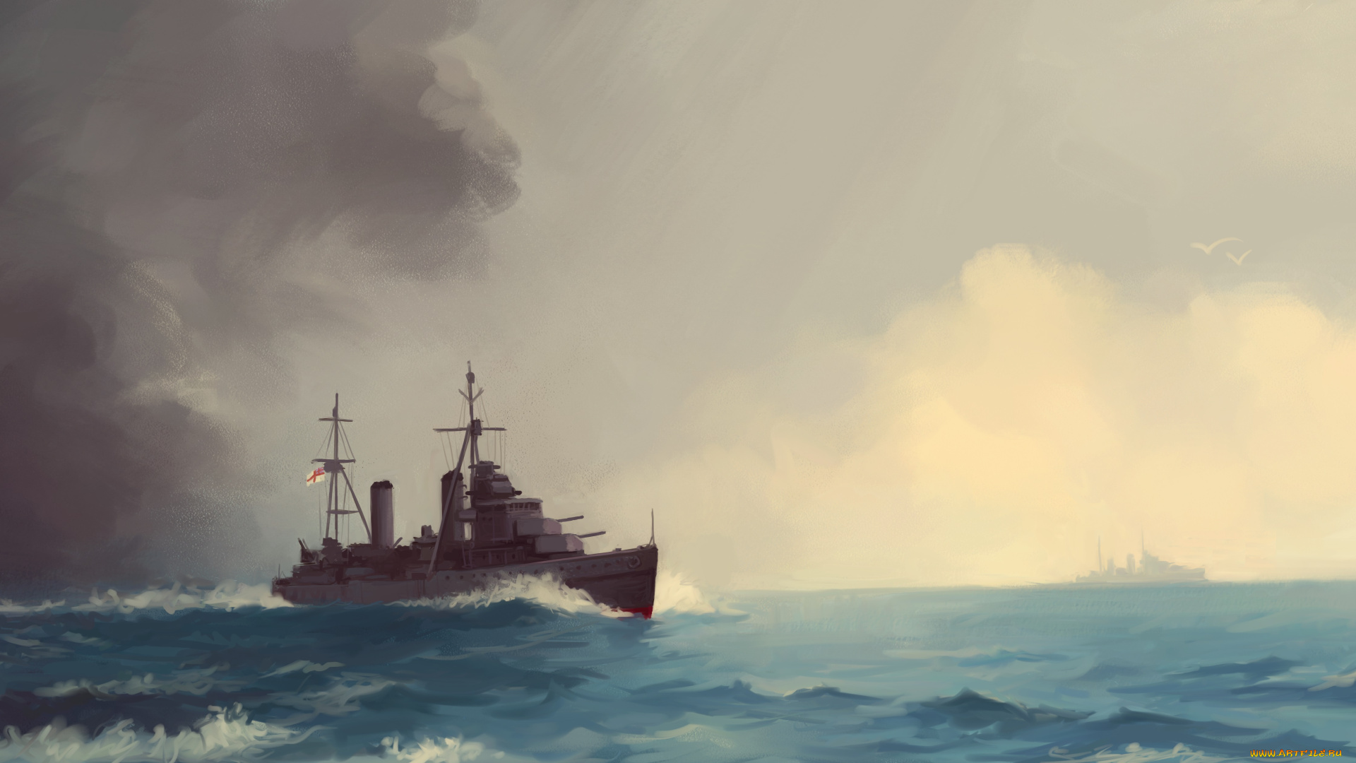 корабли, рисованные, корабль, море, волны, небо