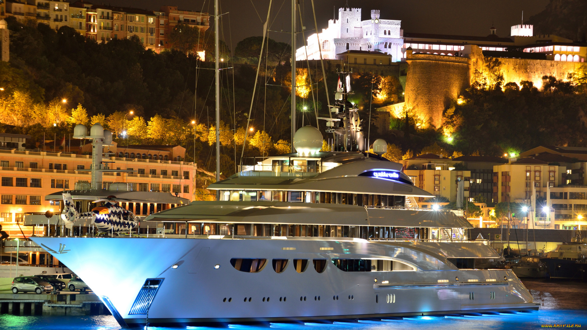 корабли, Яхты, mone, carlo, night, quattroelle, city, порт, monaco, монте, карло, монако, вертолет, город, mega, yacht, super, мега, яхта, motor, огни, вечер, ночь, моторная, супер, дворец, замок, гора, дома