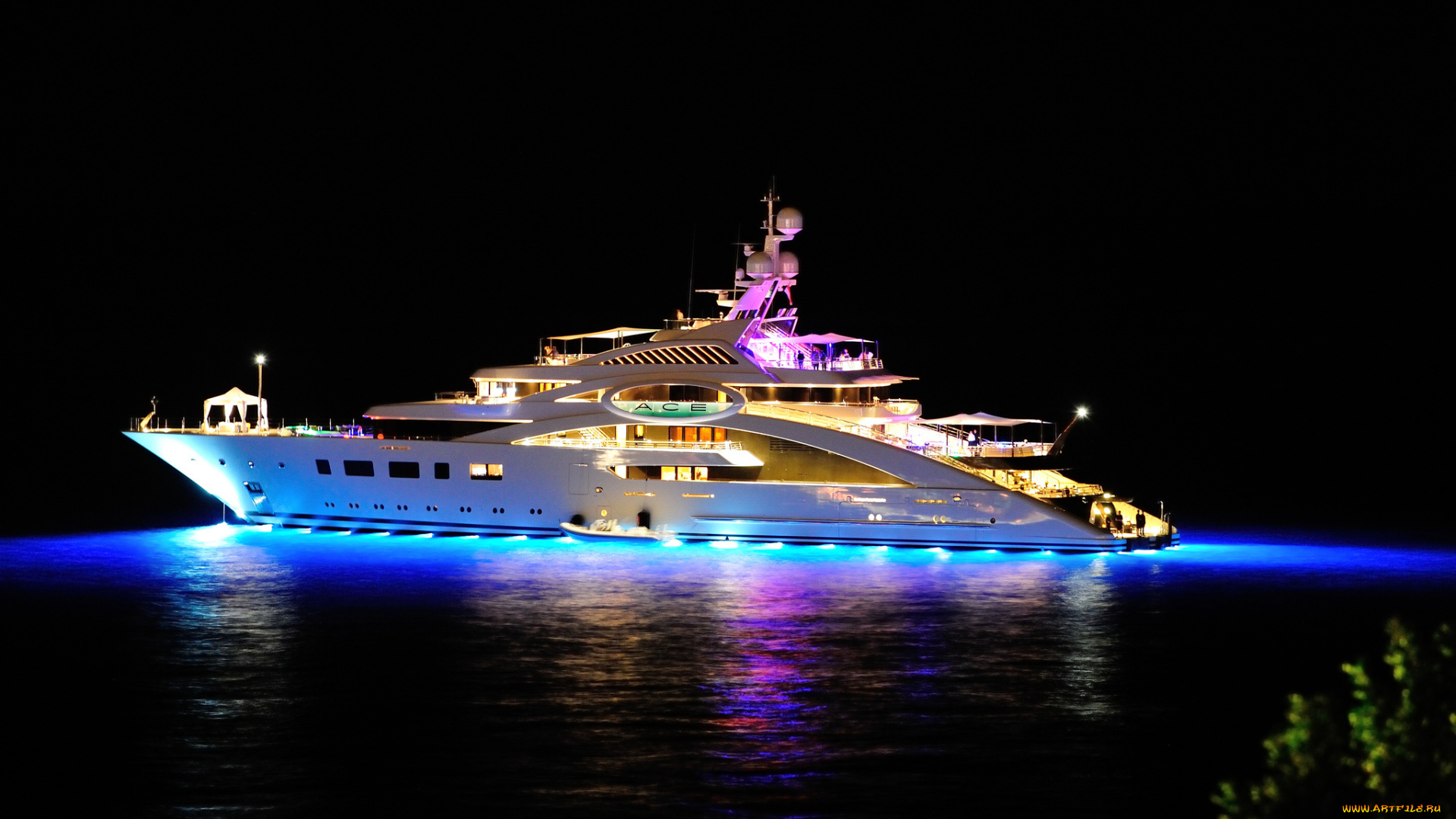 корабли, Яхты, yachts, mega, yacht, ночь, огни, ace, superyacht, море, вечер, яхта, мега, супер, night