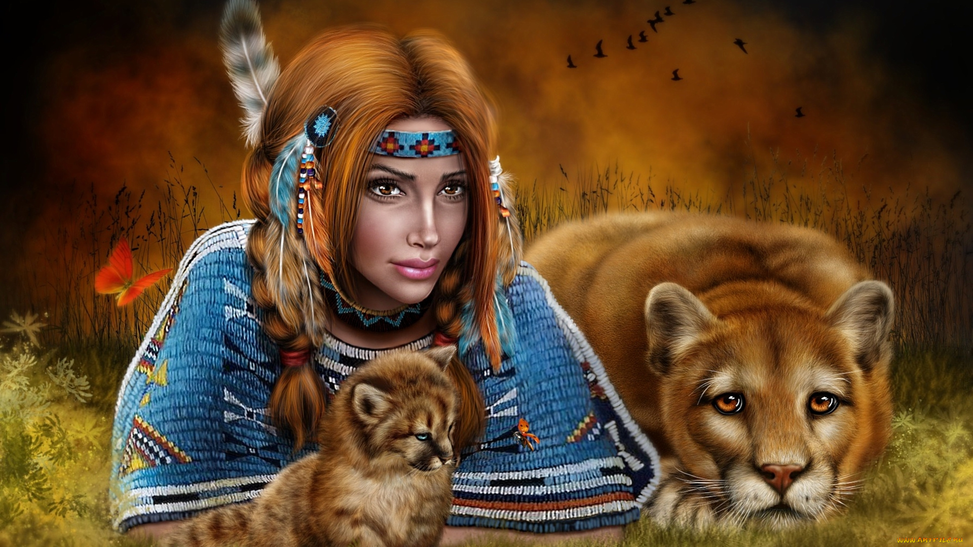 рисованное, люди, индианка, кугуар, детеныш, пума, девушка