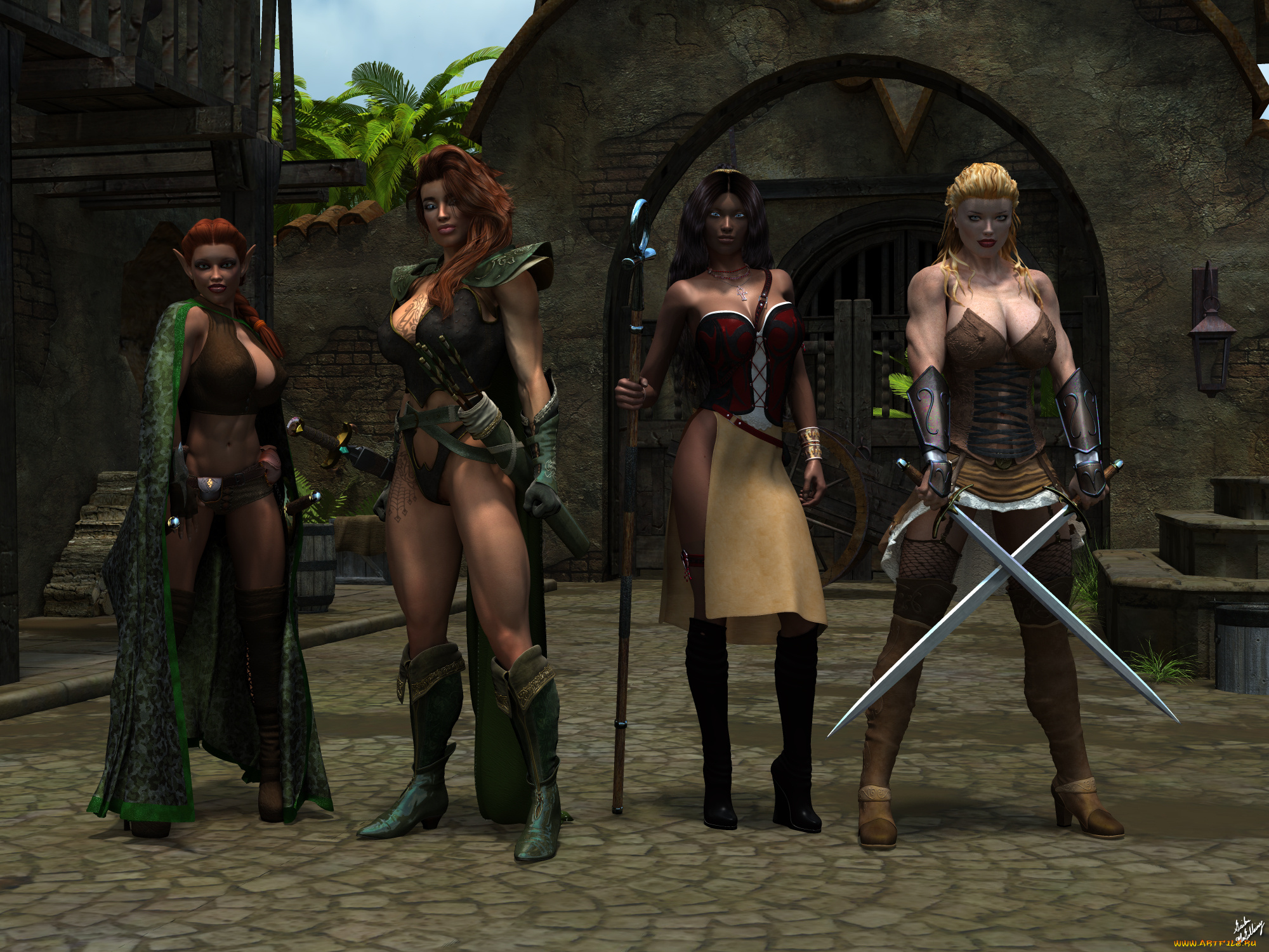 3д, графика, эльфы, , elves, взгляд, оружие, фон, эльфийка