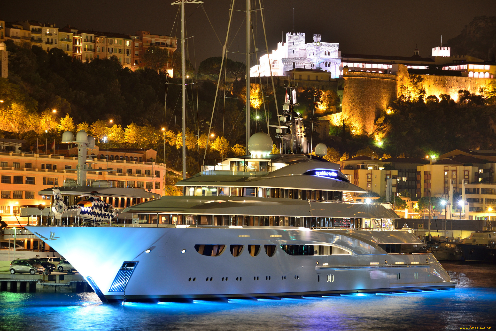 корабли, Яхты, mone, carlo, night, quattroelle, city, порт, monaco, монте, карло, монако, вертолет, город, mega, yacht, super, мега, яхта, motor, огни, вечер, ночь, моторная, супер, дворец, замок, гора, дома