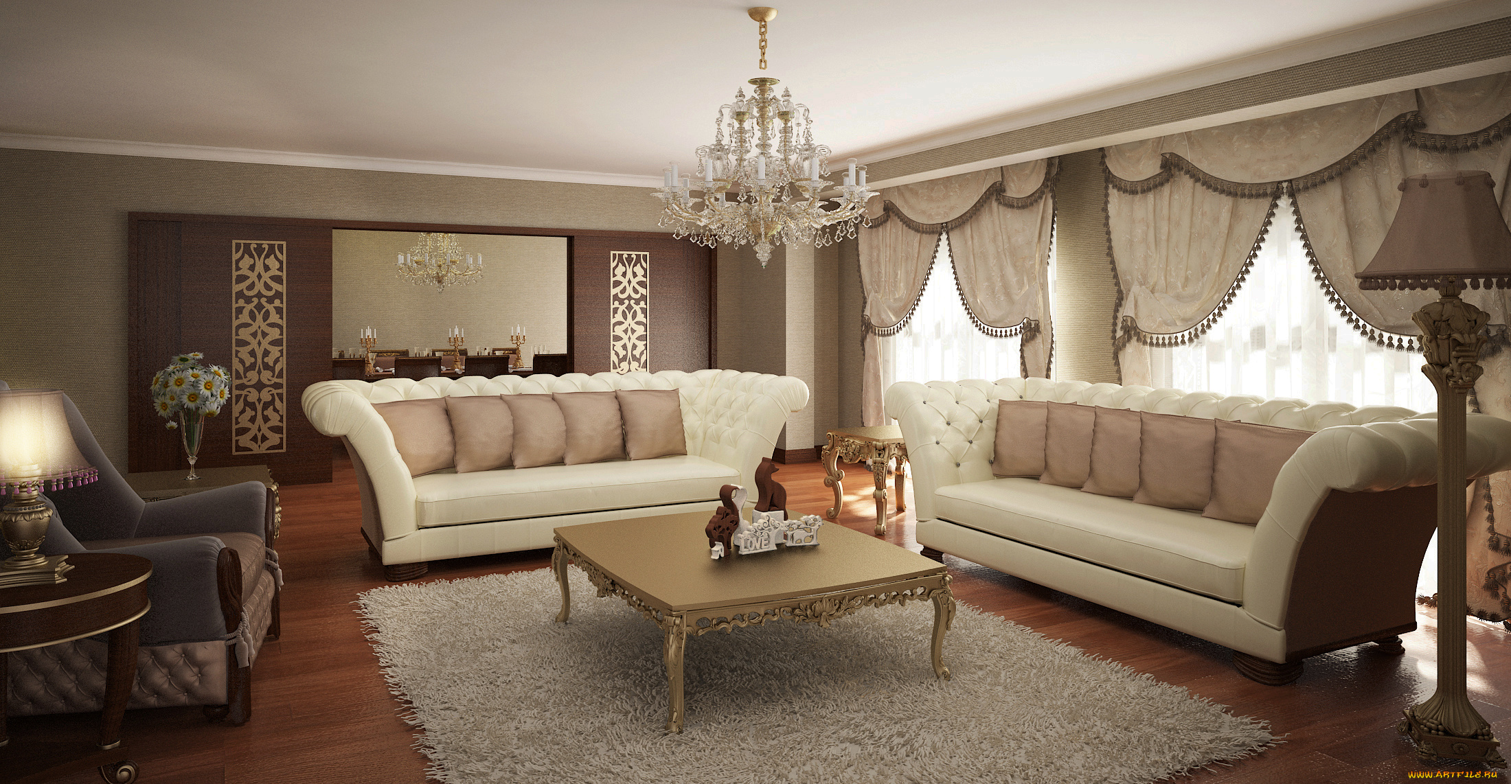 интерьер, гостиная, стол, диван, кресла, светильник