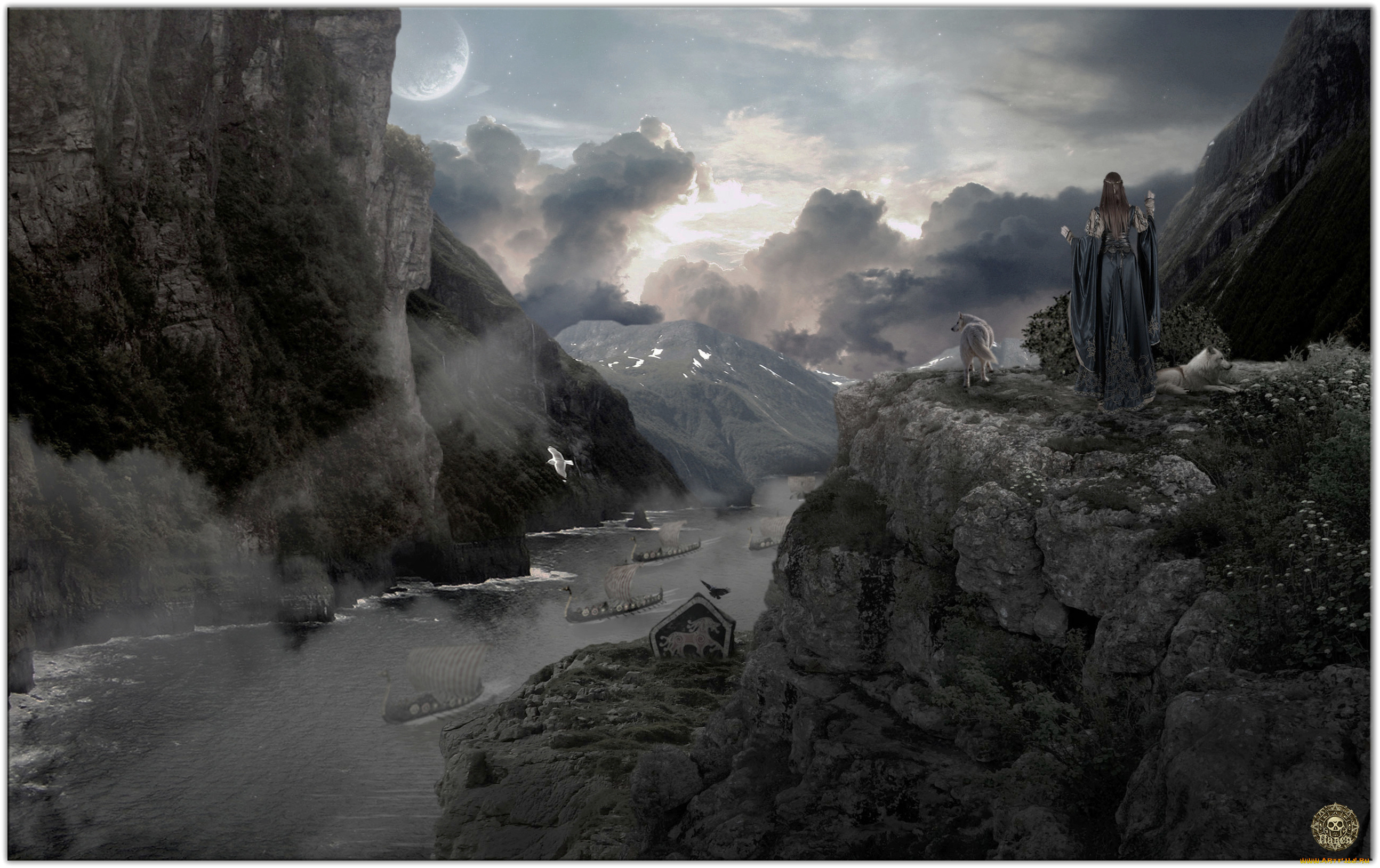 фэнтези, пейзажи, восход, фьорд