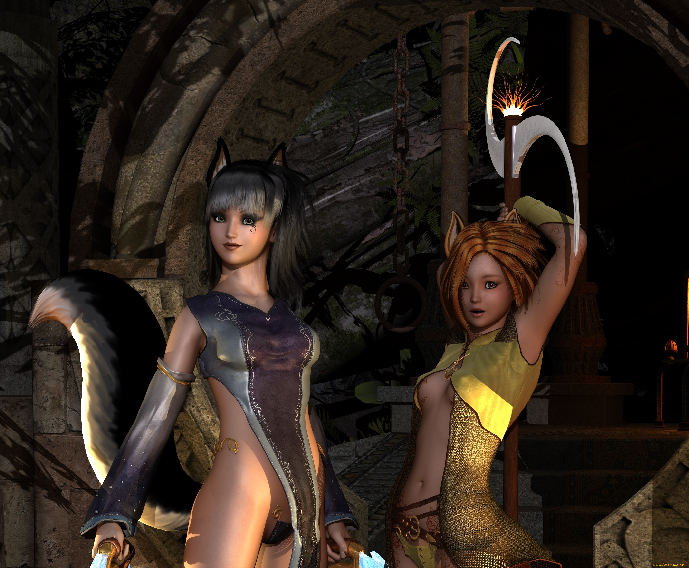 3д, графика, существа, , creatures, фон, взгляд, девушки, кошки