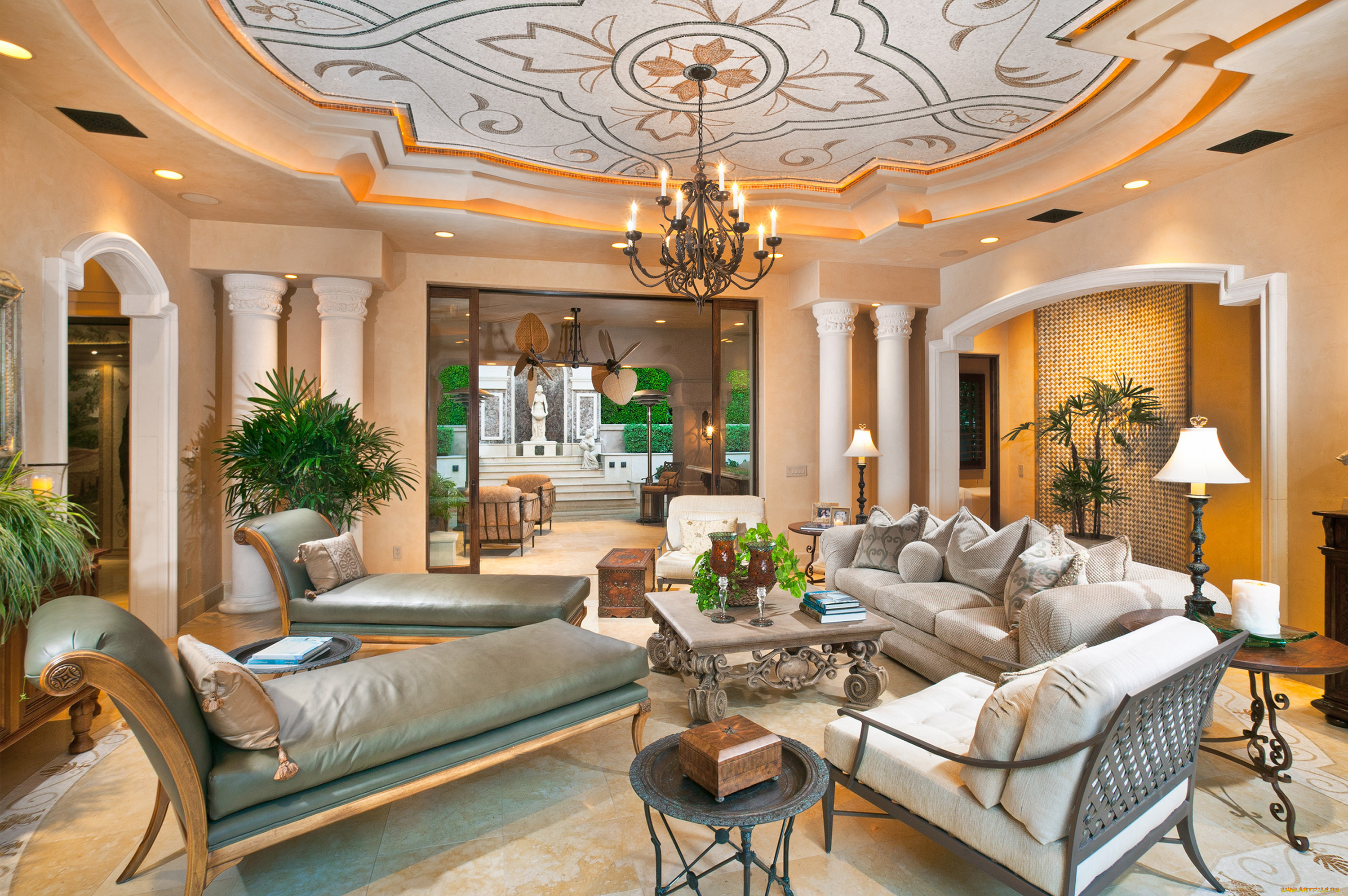 интерьер, гостиная, статуи, кресло, диван, лежаки, вазонки, свечи, комната, desigen, люстра, колоны