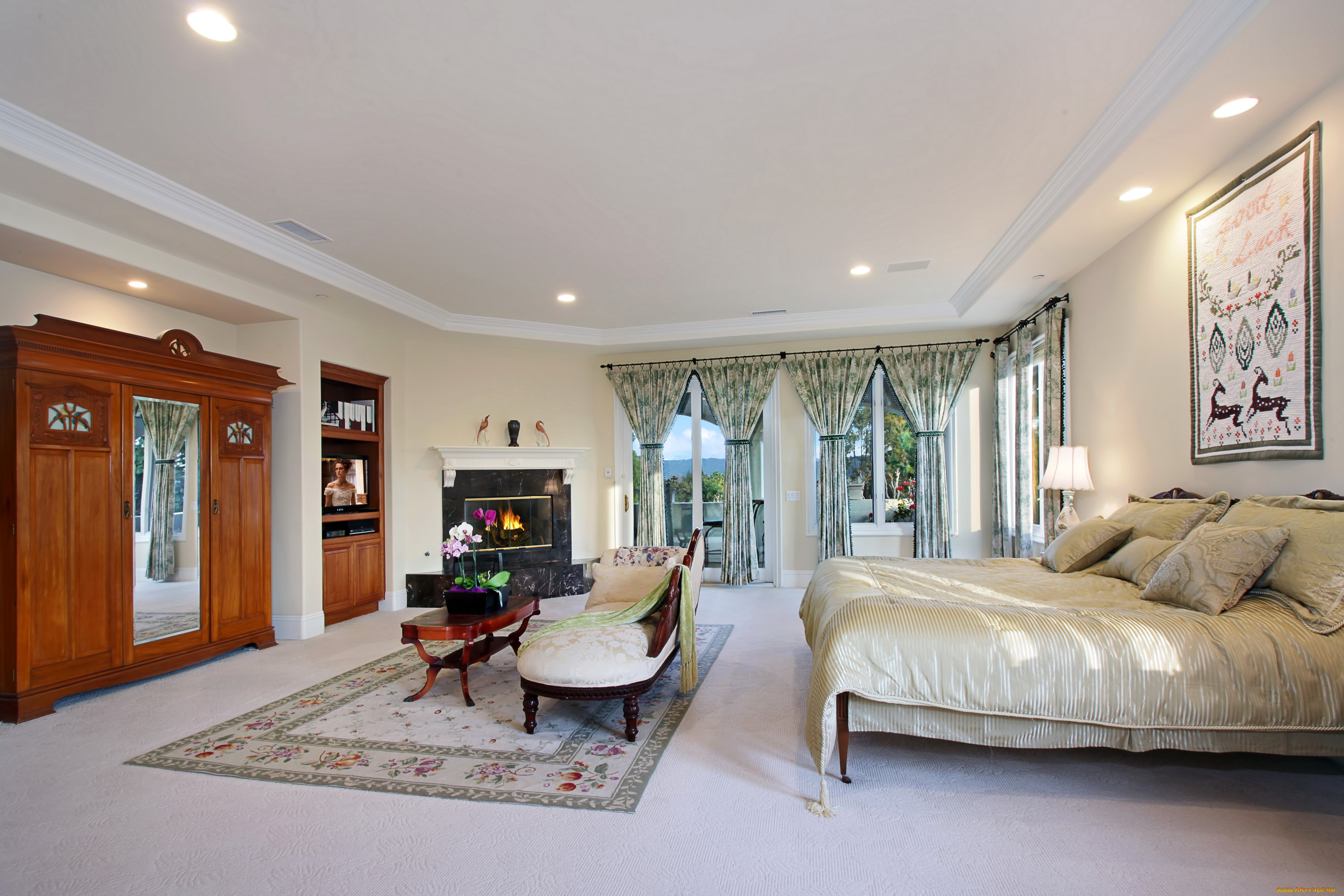 интерьер, спальня, кресло, кровать, ковер, дизайн