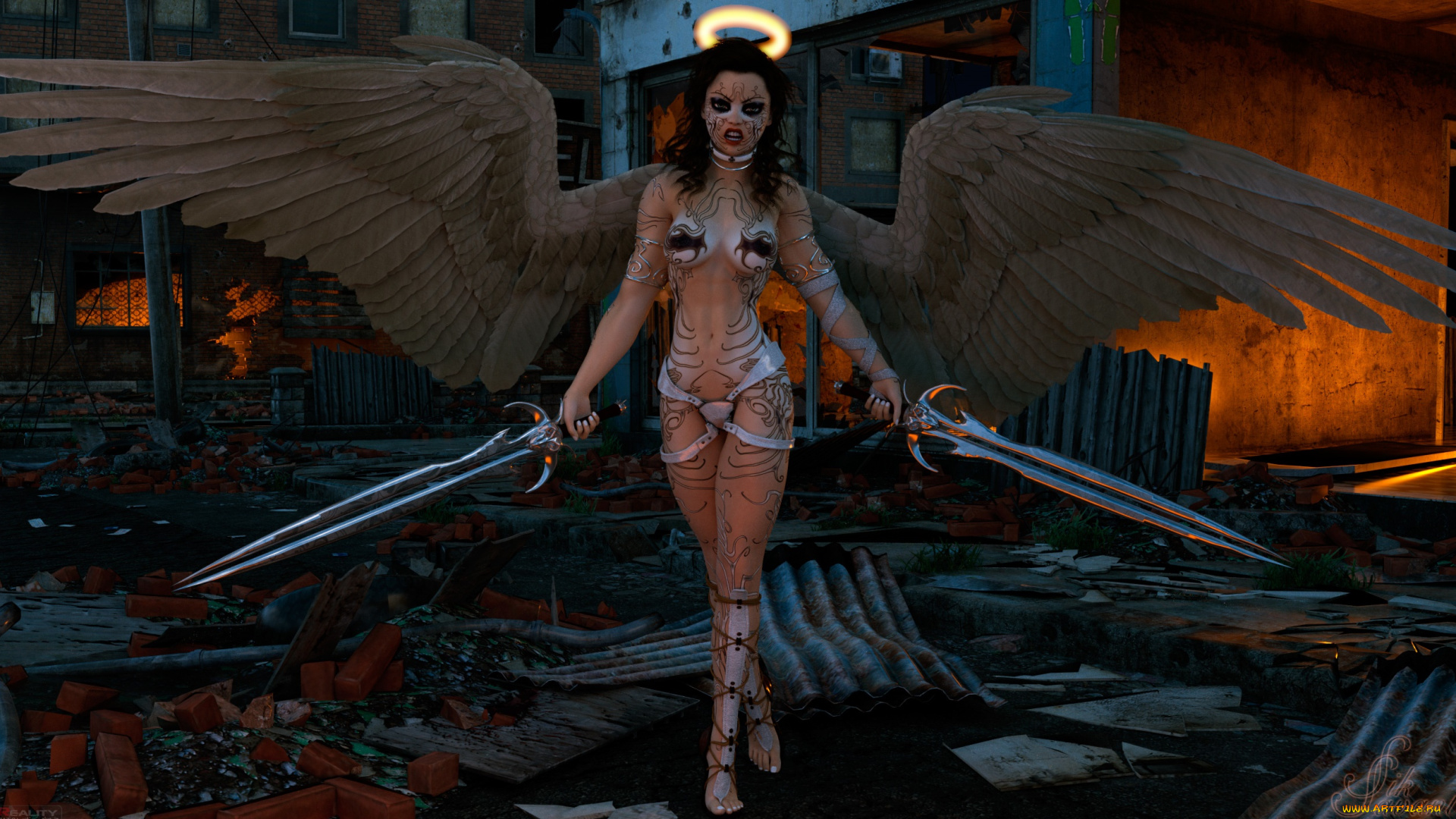 3д, графика, ангел, , angel, фон, взгляд, девушка, ангел, оружие, тату