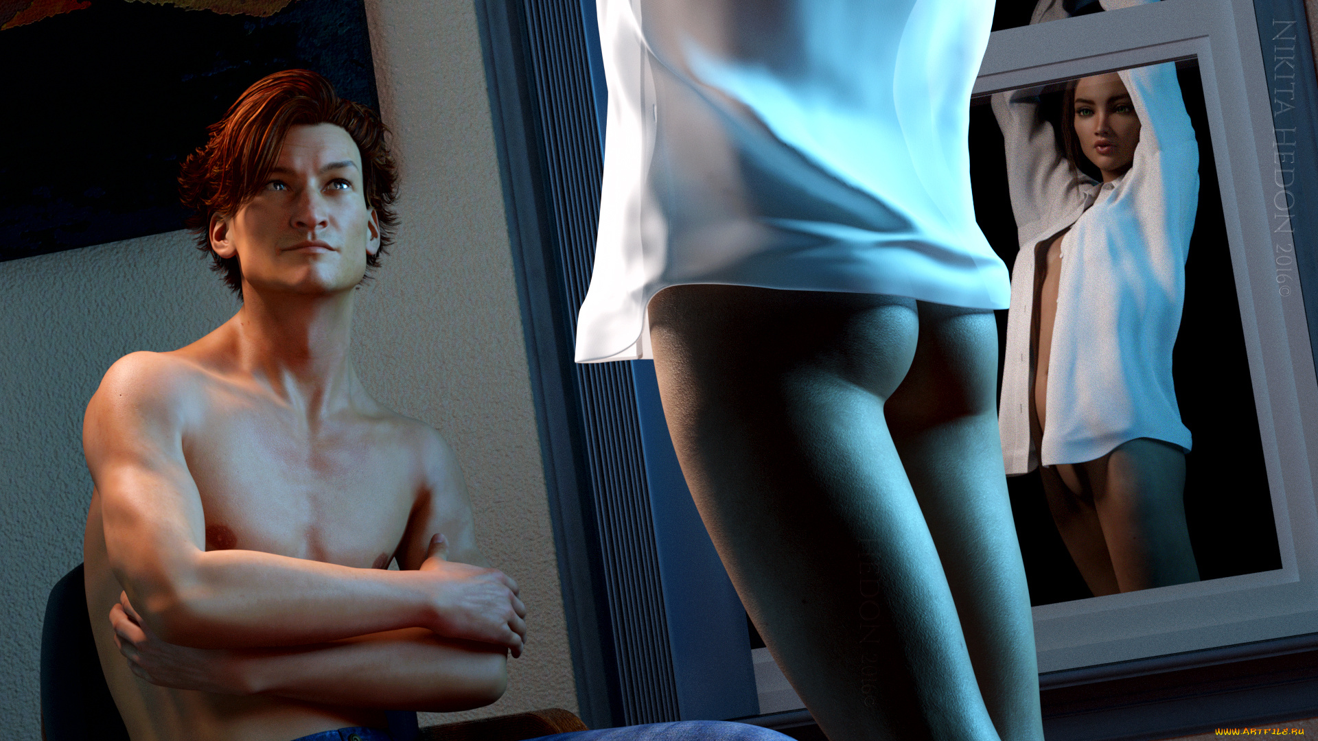 3д, графика, люди, , people, парень, взгляд, фон, девушка, зеркало