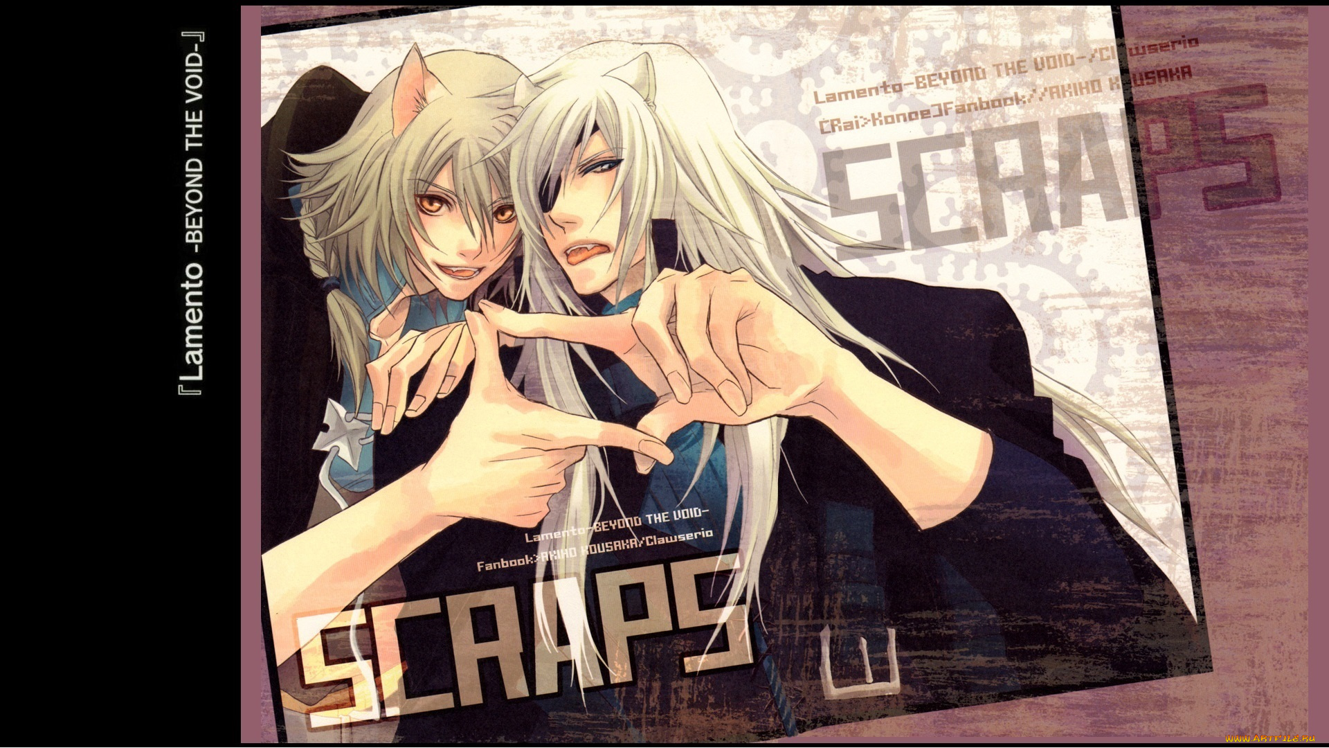 аниме, lamento, art, kazuaki, visual, novel, konoe, rai, демоны, ушки, язык, руки, жест, повязка