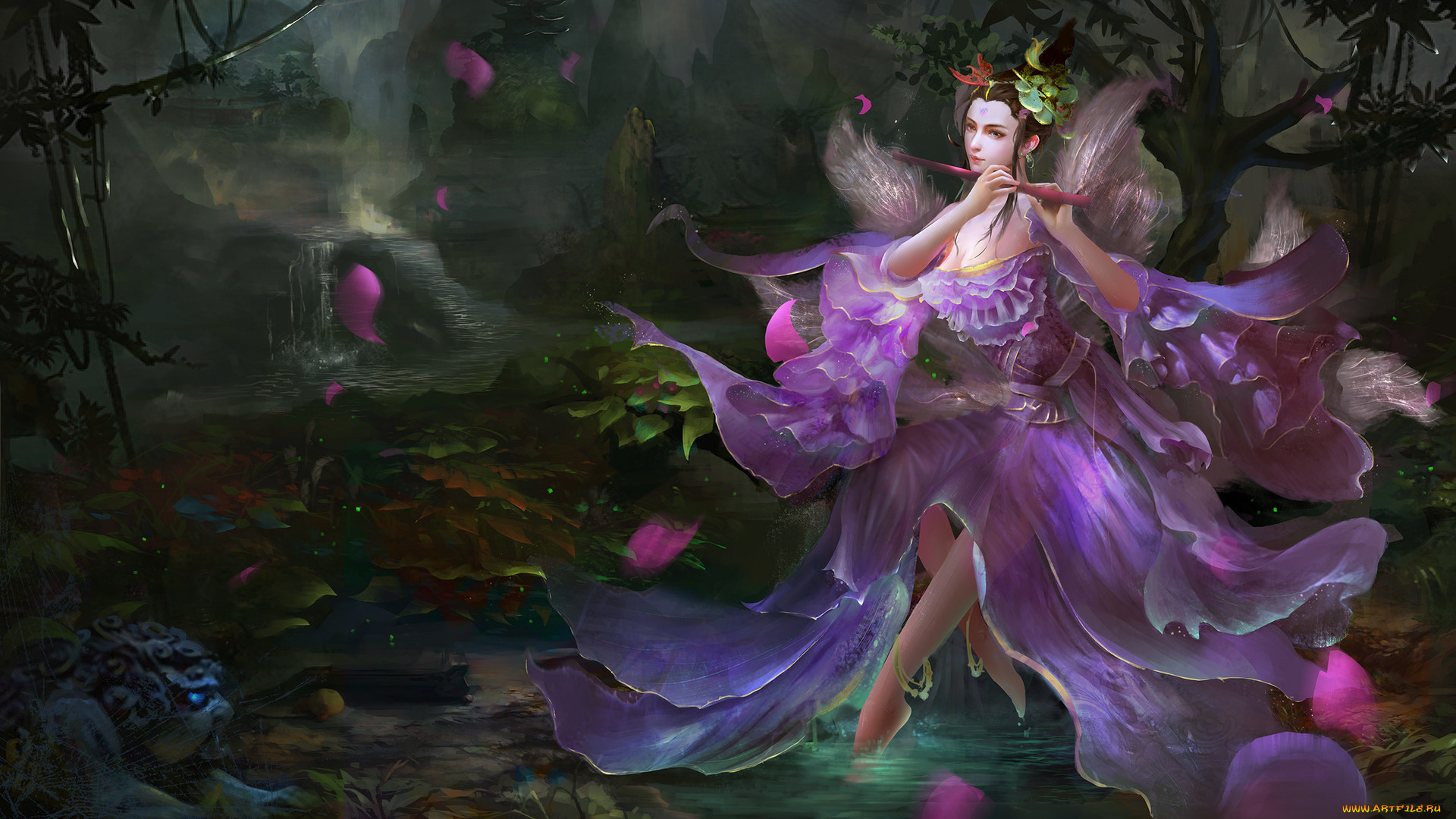 фэнтези, девушки, природа, музыка, платье, сидит, девушка, фэнтази