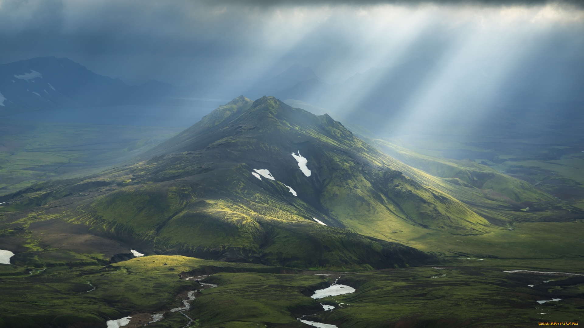 природа, горы, гора, долина, лучи, свет, небо, холми